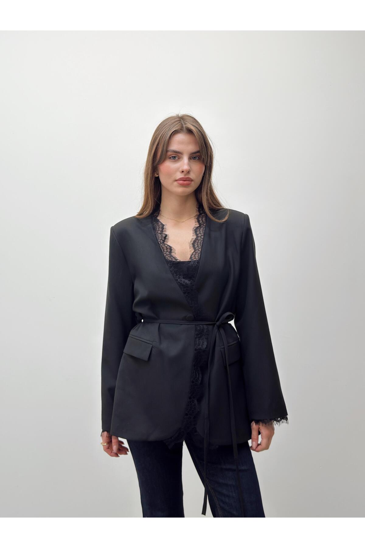 Velora Lace Belted Black Blazer Jacket