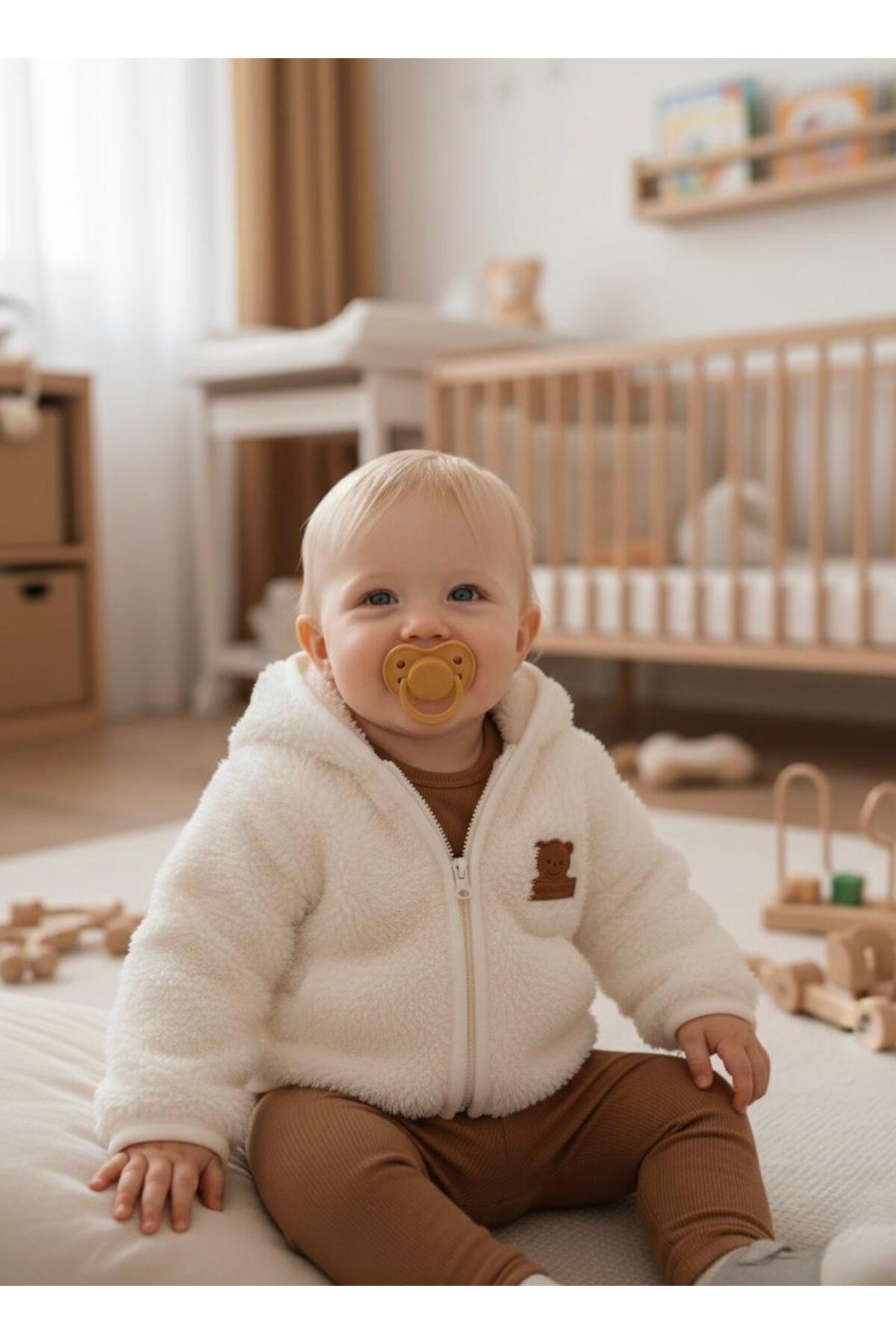 Lumos Trade Bebek Welsoft Peluş Kapüşonlu Hırka Krem Bej – Fermuarlı Yumuşak Kışlık Bebek Ceket 6-24 Ay fotoğrafı 2 (önizleme)