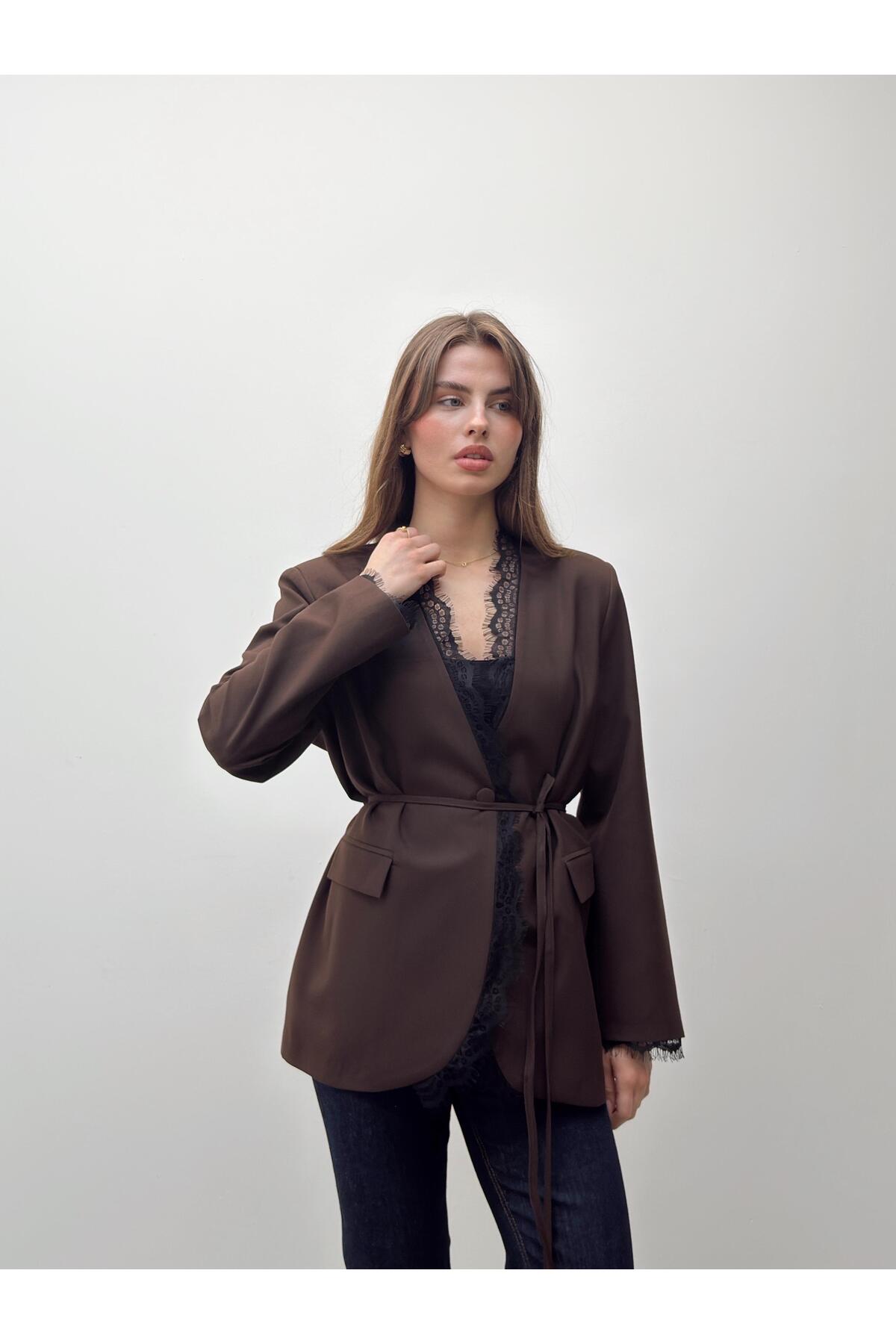 Velora Lace Belted Brown Blazer Jacket