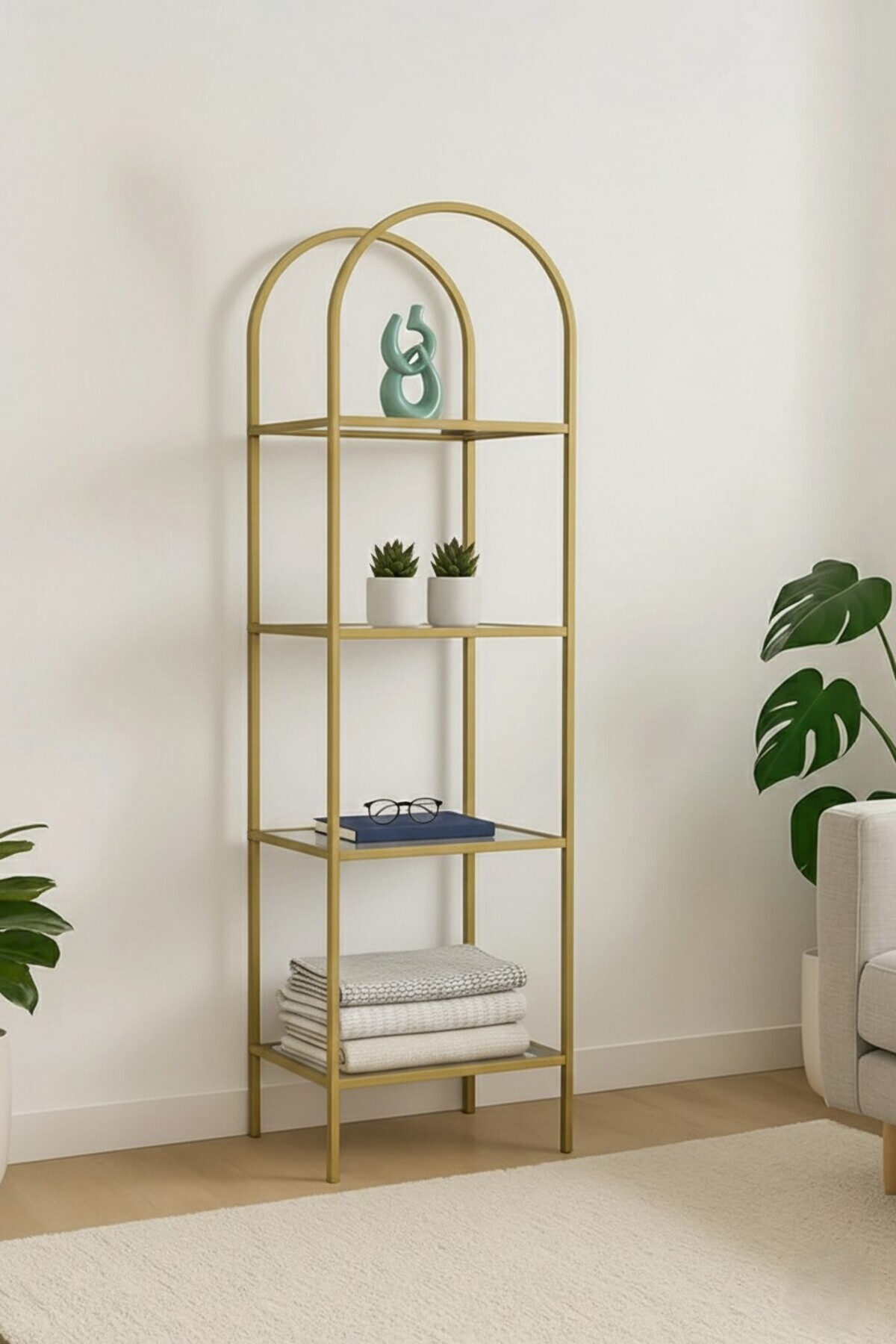 Mona Gold Corner Bookshelf Decorative Accessory Shelf Kitchen Shelf 40cm Clear Glass