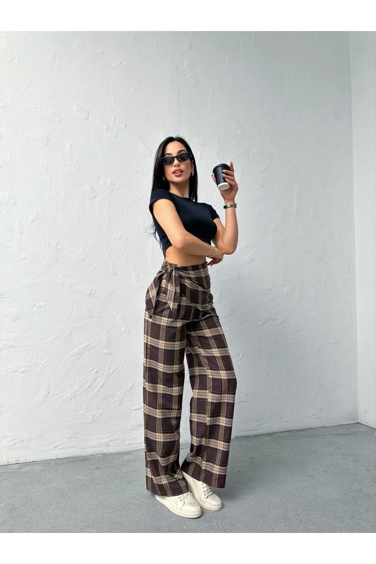 D'RECCY  KADIN FULAR DETAYLI TAİLORED FİT EKOSE PANTOLON - Görsel 7