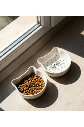 ARKHERA Minimal Kedi Tasarımlı Seramik Mama ve Su Kabı 2’li Set