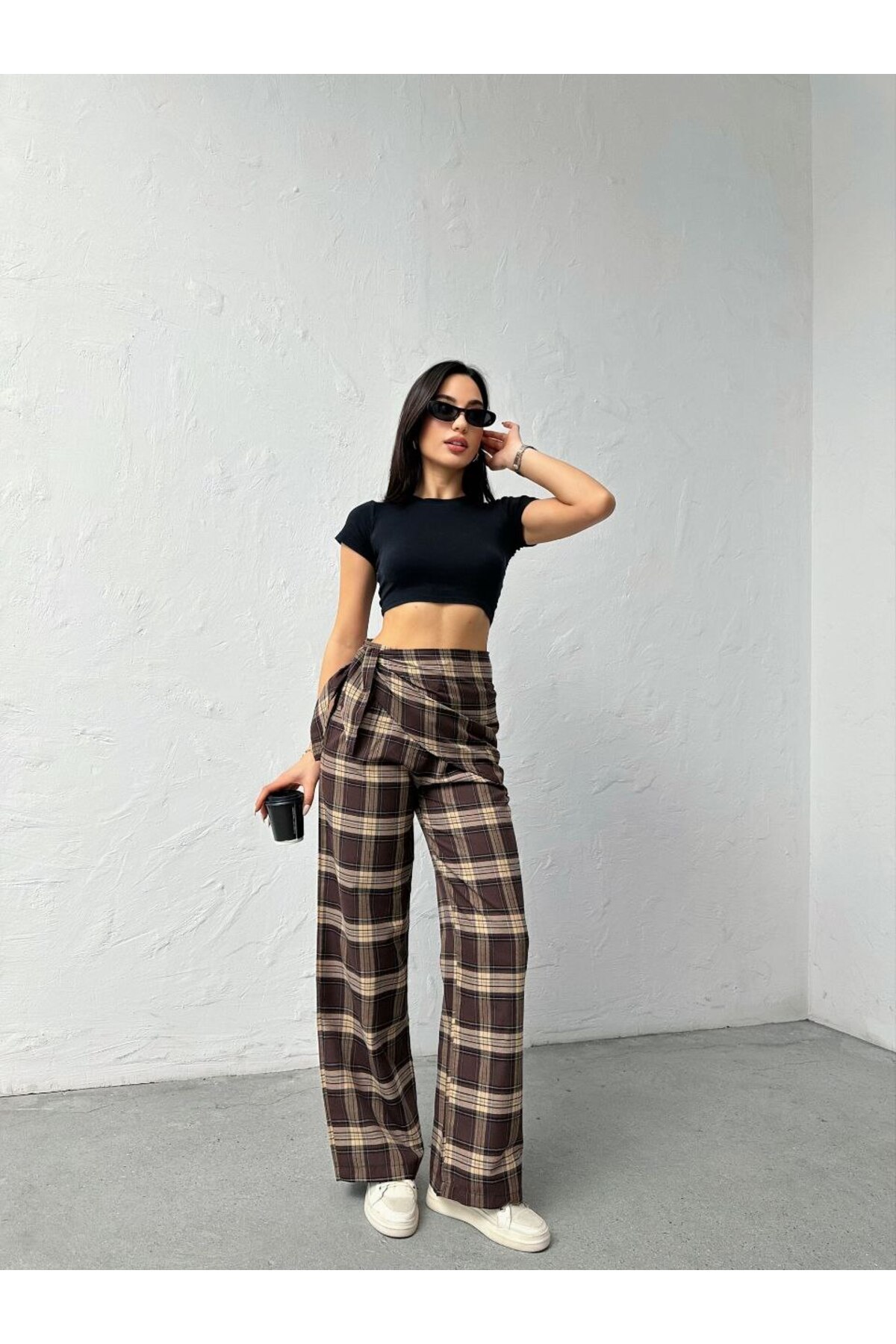 D'RECCY  KADIN FULAR DETAYLI TAİLORED FİT EKOSE PANTOLON - Görsel 4