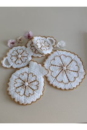 Meyra Home Çeyizlik El Örgüsü 3'lü Kalpli Gold Simli Lif Seti