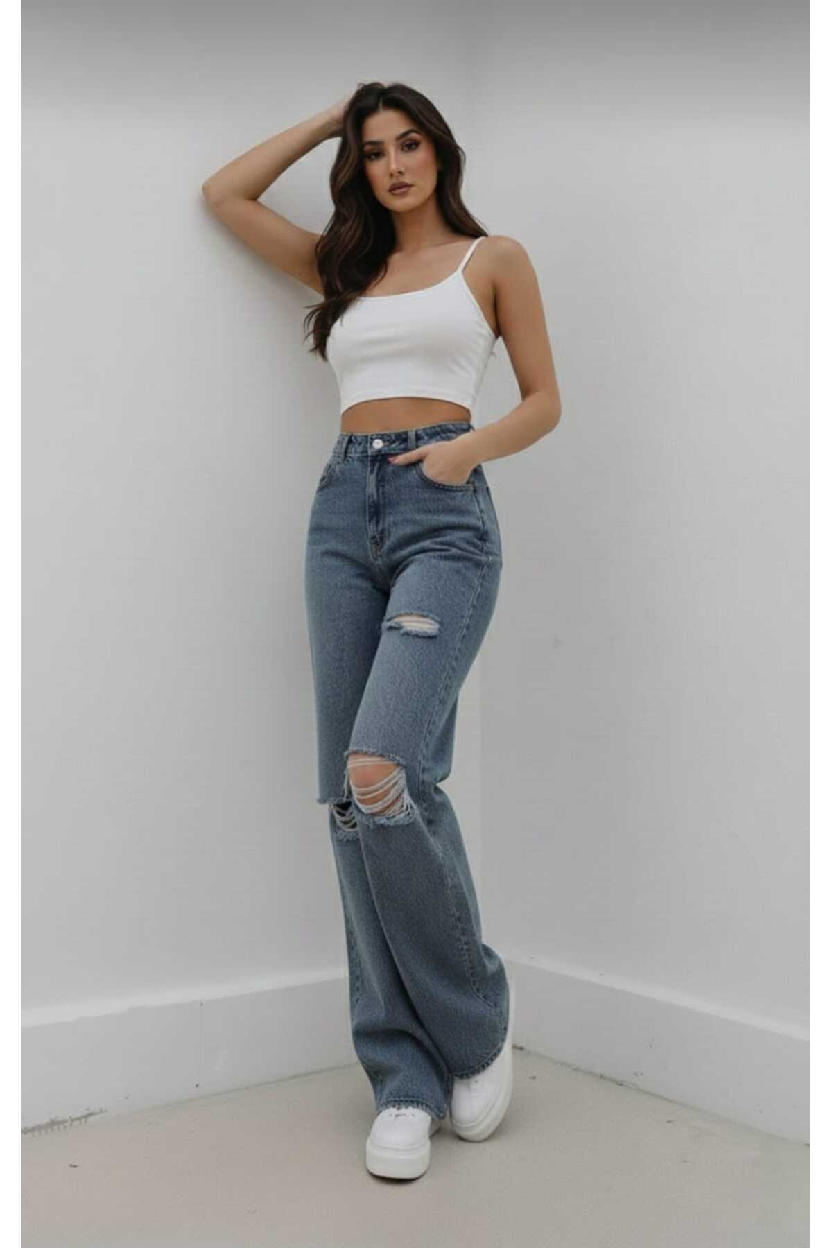 Trn JNS  Christian Likralı Kadın Mavi Orta Kar Yırtık Süper Yüksek Bel Salaş Paça Salaş Denim Kot Palazzo - Görsel 6