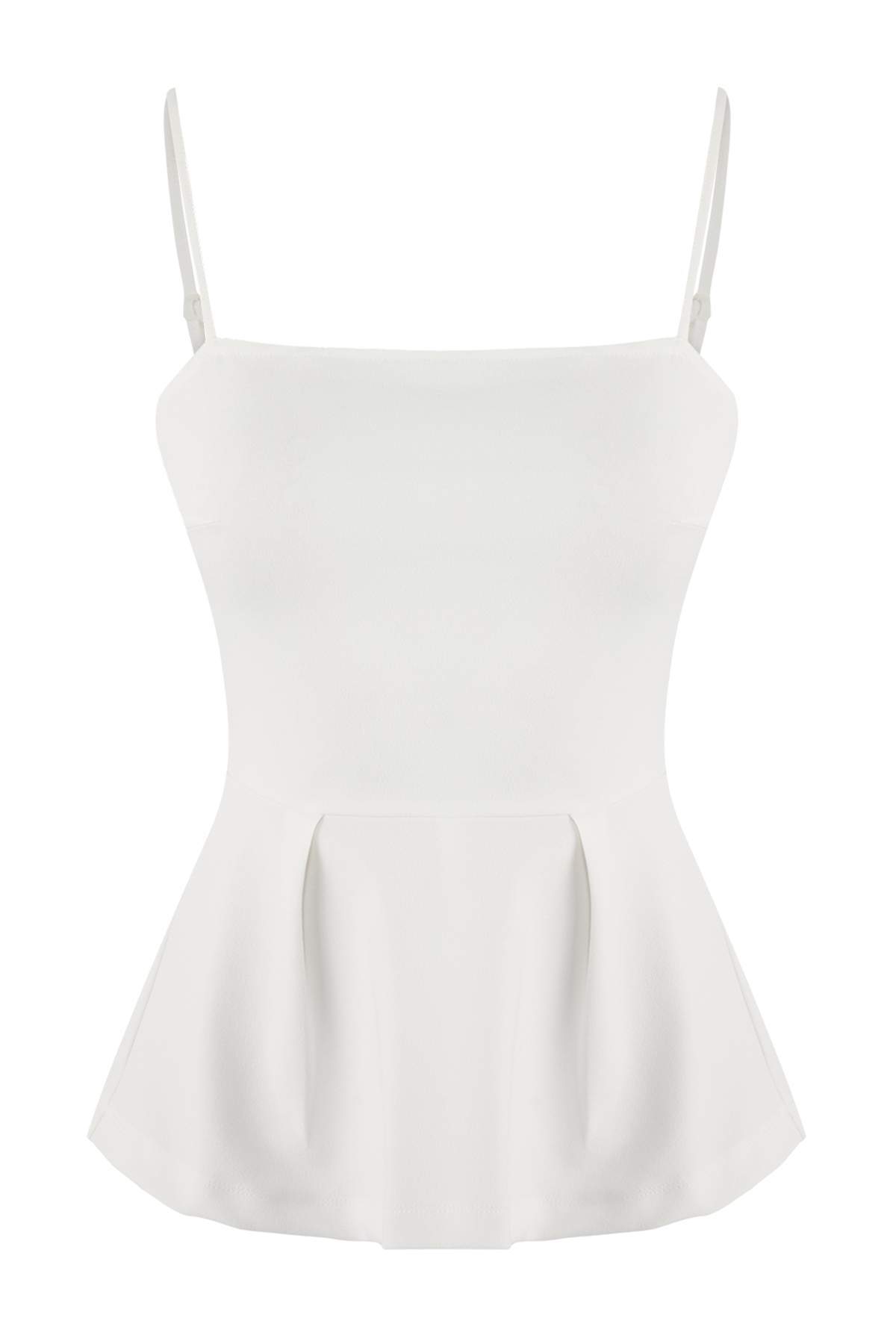 Trendyolmilla  Ekru Peplum Kare Yaka İnce Askılı Kolsuz Scuba Krep Örme Bluz TWOSS26BZ00024 - Görsel 5