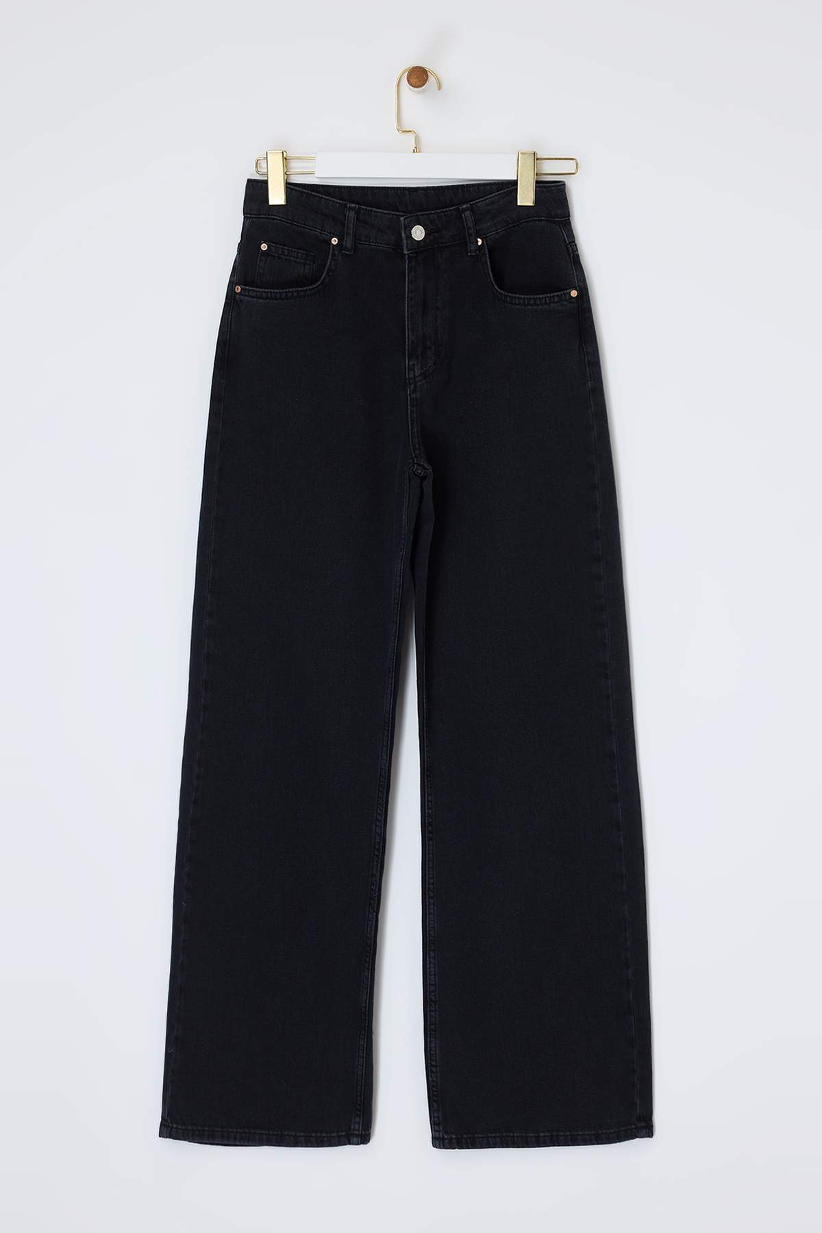 Trendyolmilla  Siyah DÖKÜMLÜ Yüksek Bel MEVSİMLİK %100 Pamuk Uzun Boy Wide Leg Jeans TWOSS26JE00127 - Görsel 5