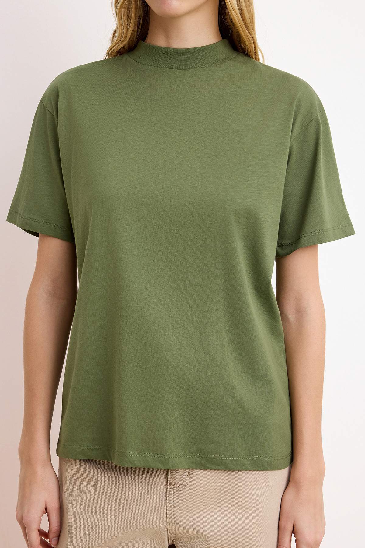 Trendyolmilla  Kahverengi-Haki 2'li Paket %100 Pamuk Basic Dik Yaka Örme T-Shirt TWOSS20TS1500 - Görsel 6