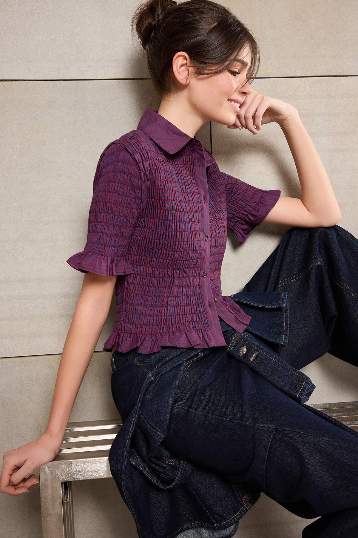 Trendyolmilla  Bordo-Çok Renkli Teen Pötikare Gipeli Bedene Oturan Gömlek TWOSS26GO00063 - Görsel 2