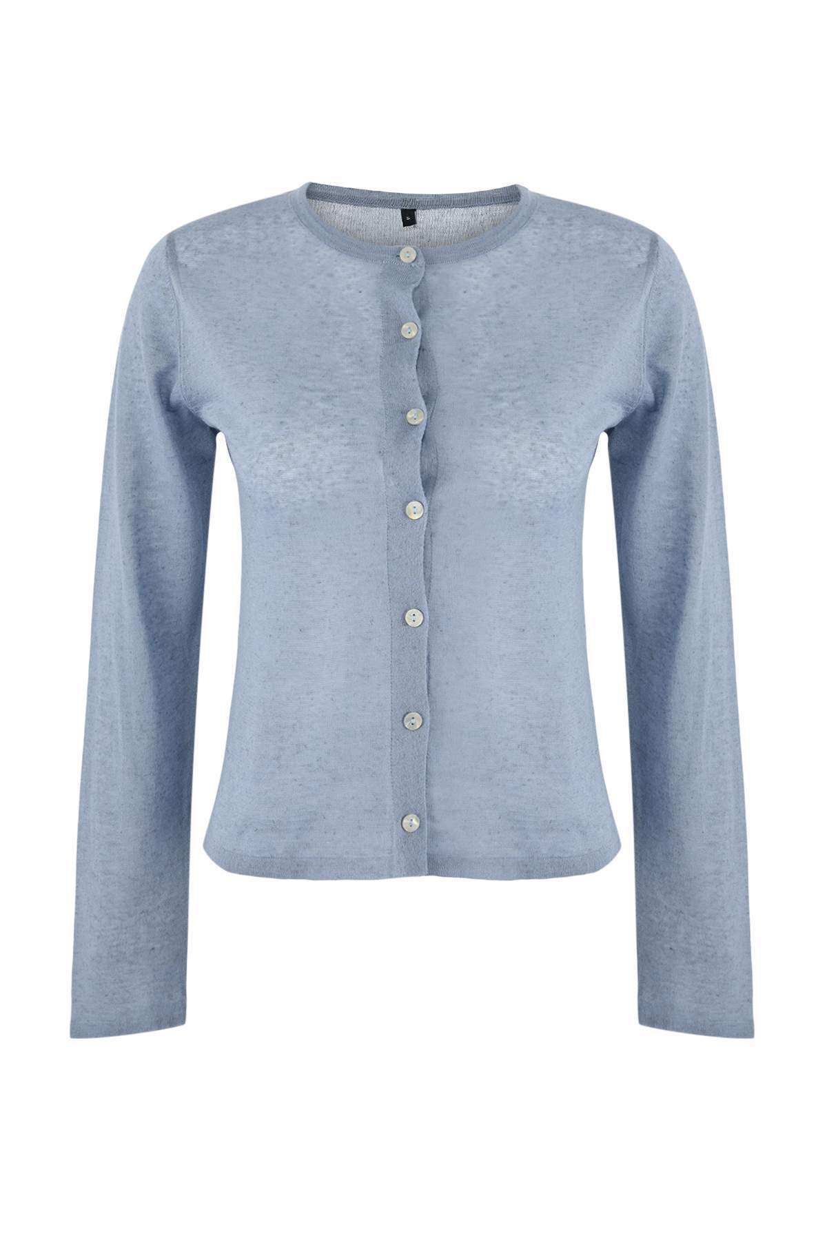 Trendyolmilla  Wardrobe Essentials Mavi Bisiklet Yaka Keten Karışımlı İnce Triko Hırka TWOSS26HI00009 - Görsel 5