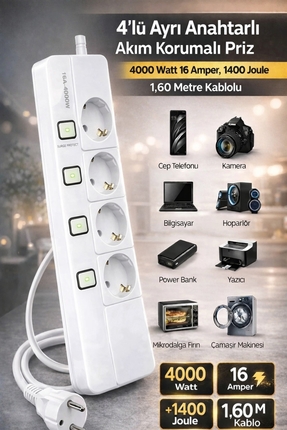 Ecuy 4'lü ayrı Anahtarlı Akım Korumalı Priz 4000 Watt 16 Amper, 1400 Joule 1,...
