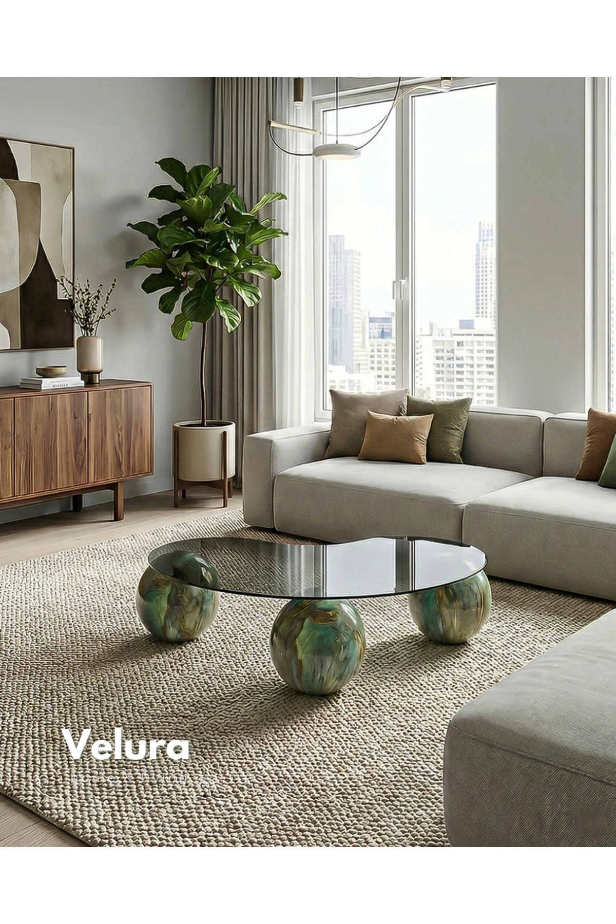 Jungle-Ball Coffee Table & Beans Smoked Glass Sphere Coffee Table - Jungle Smoked Travertine Pattern