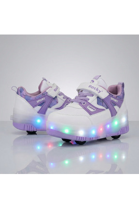 BURUNİ Mor LED Işıklı Patenli Çocuk Ayakkabısı – Tekerlekli Ortopedik Taban S...