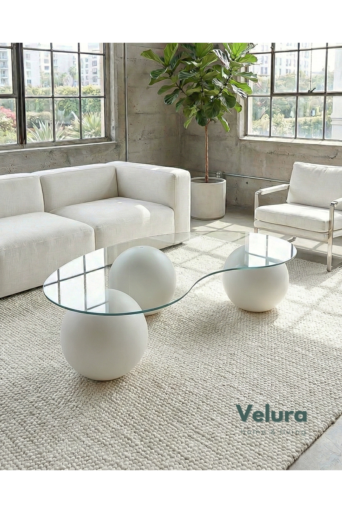Ball Table & Transparent Bean Glass Sphere Coffee Table - Off-White