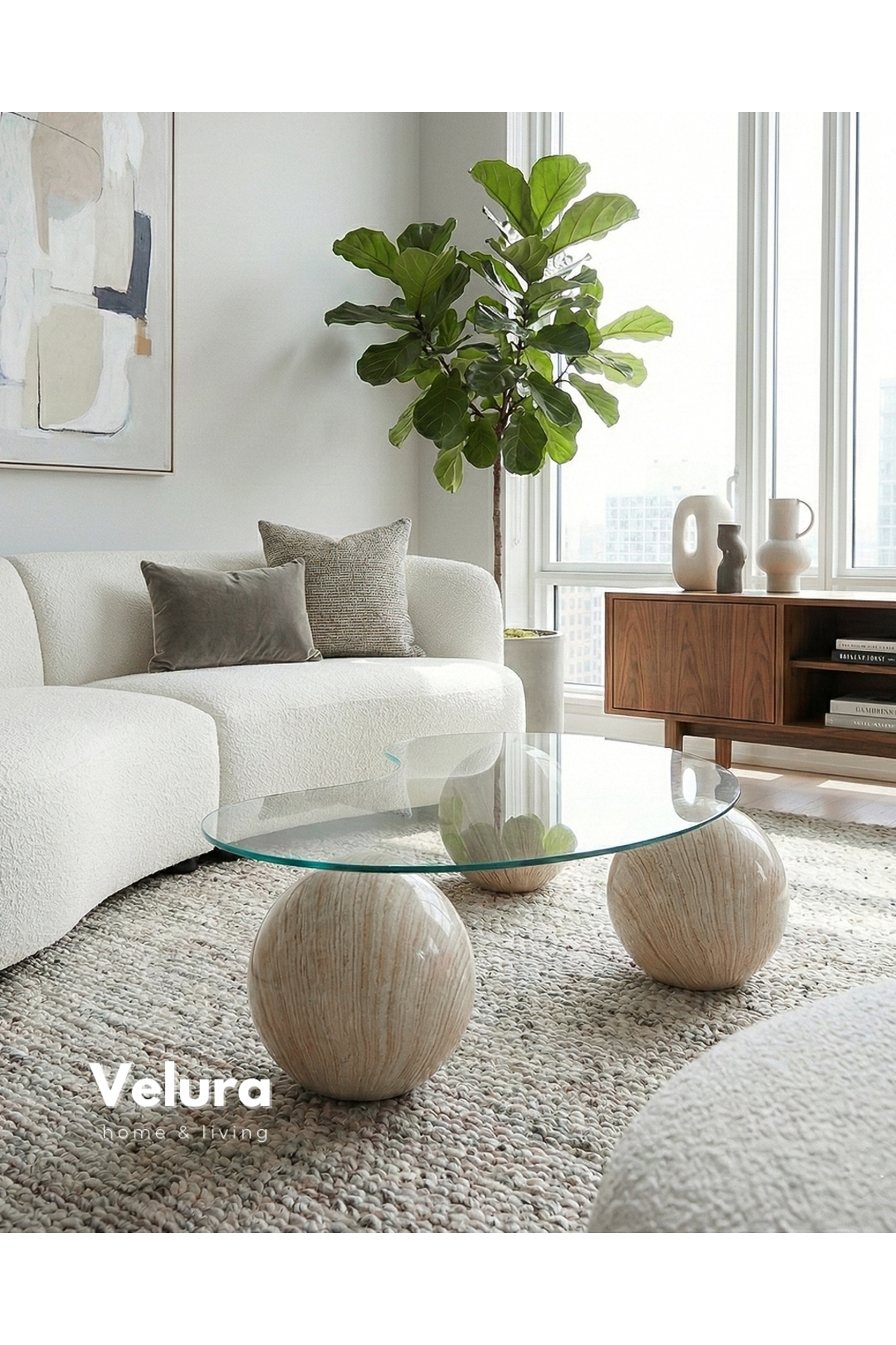 Modern Coffee Table & Sphere Coffee Table & Ball Table & Transparent Bean Glass & Natural