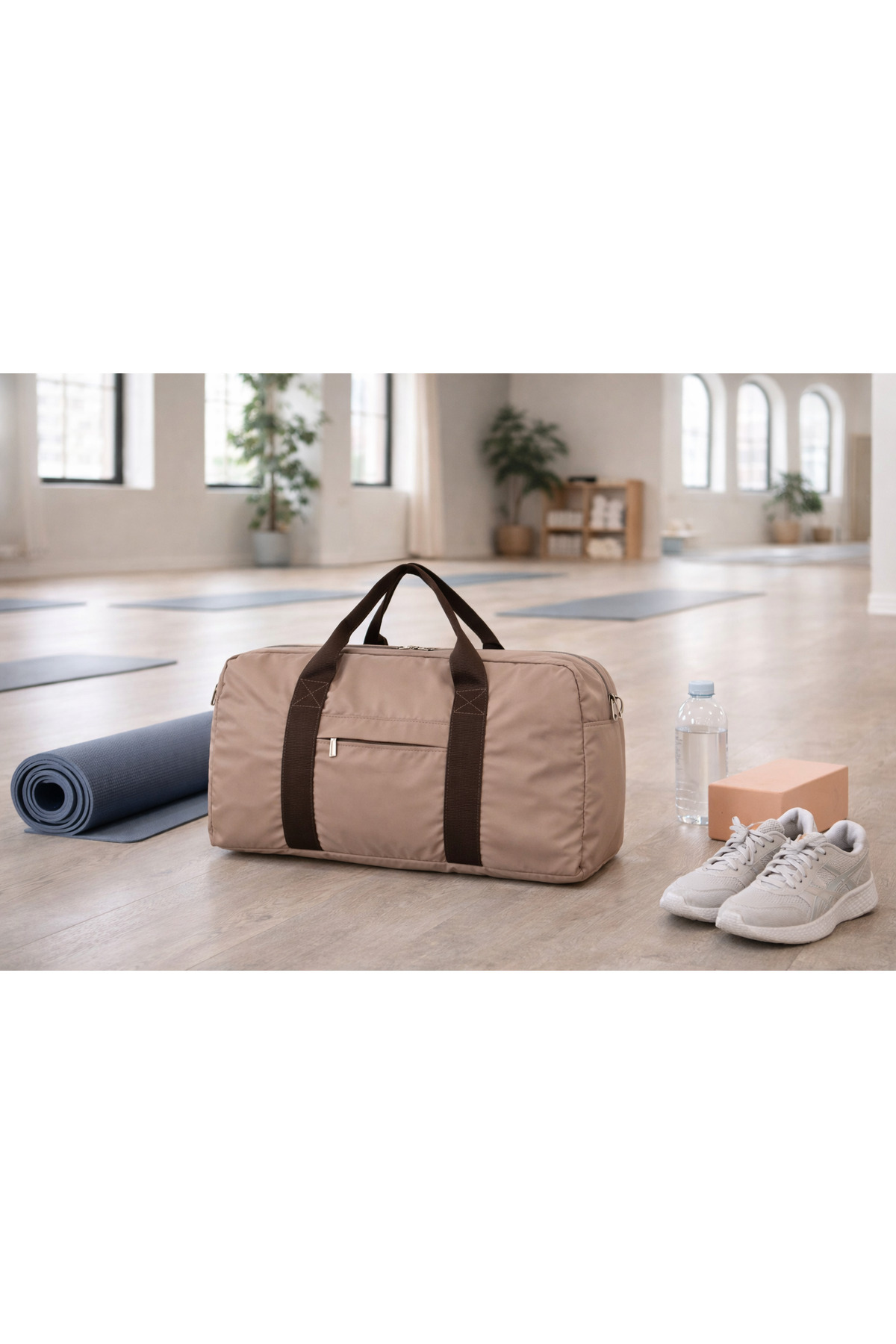 ICONE BAG Icone Kadın Paraşüt Kumaş Önü Cepli Unisex Spor Fitness Gym Çantası Bej görsel 7