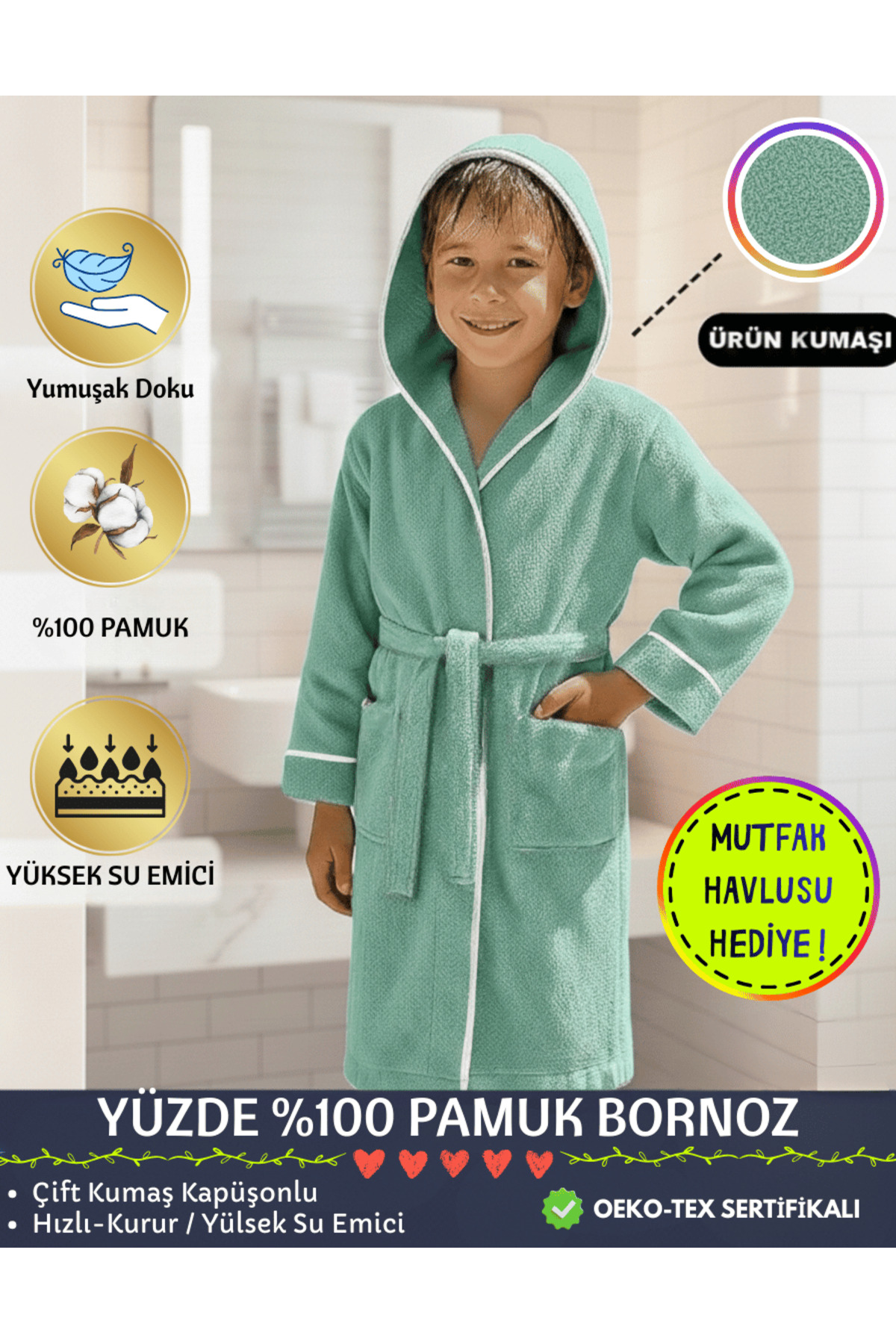 Layvera Kız-Erkek Çocuk Bornozu %100 Pamuk | Kapüşonlu – Cepli – Yumuşak – Biyeli – Gri fotoğrafı 3 (önizleme)