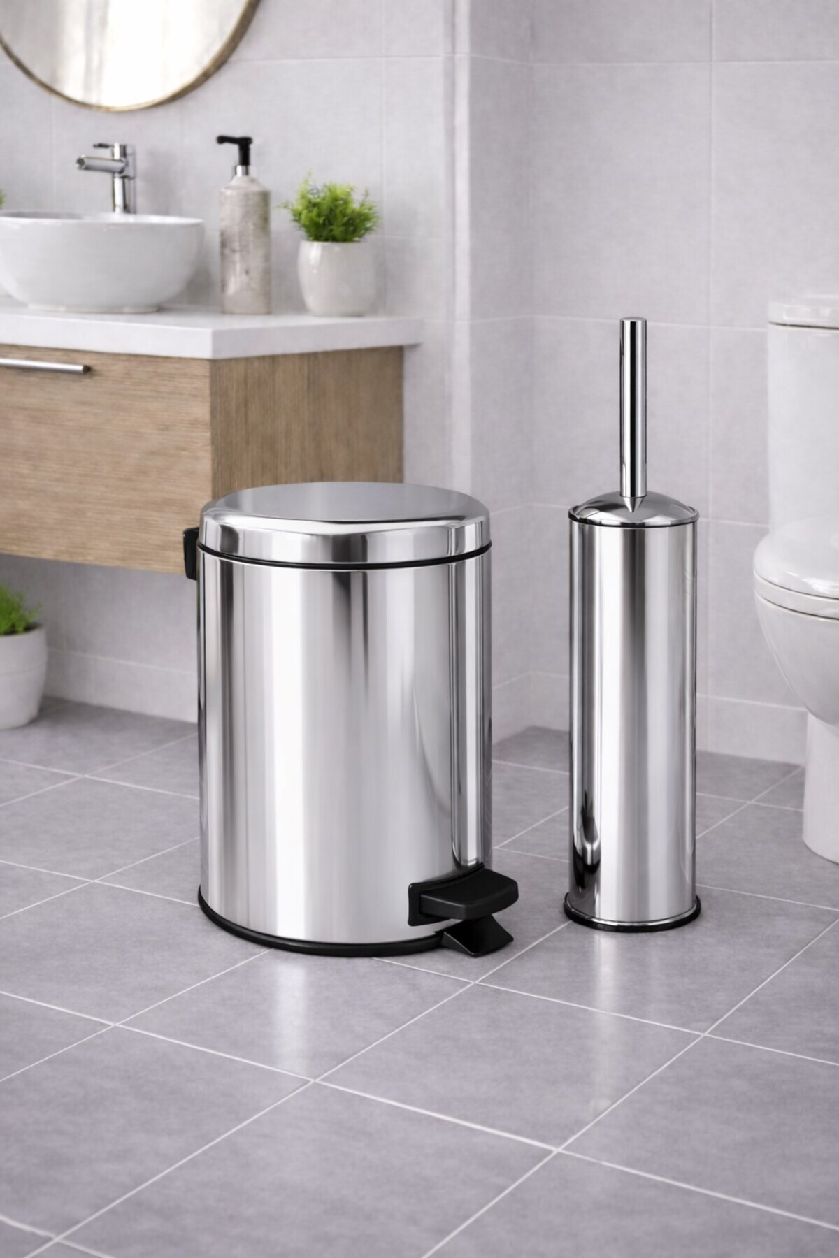 Chrome 2-Piece Bathroom Set - Metal Trash Can 3 Lt And Toilet Brush Set Elite 7200