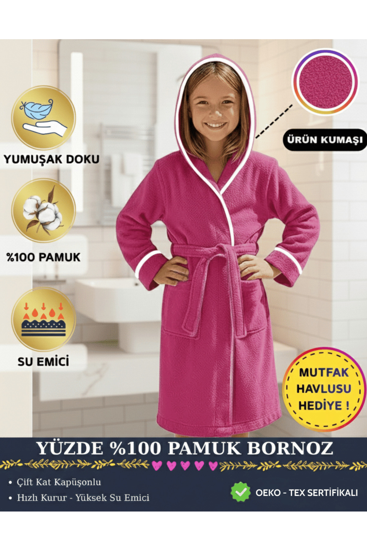 Layvera Kız-Erkek Çocuk Bornozu %100 Pamuk | Kapüşonlu – Cepli – Yumuşak – Biyeli – Fuşya fotoğrafı 3 (önizleme)