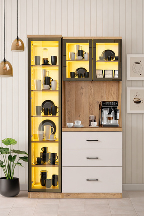 Setay Vitrinli Ünite, Liveo Kahve Köşesi + Çok Amaçlı Raflı Tek Kapaklı Dolap