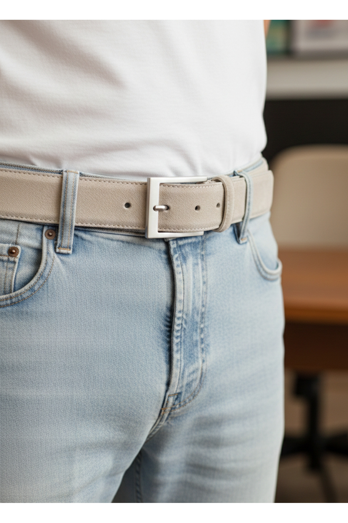 KASVA DERİ  3.5 Cm Bej Süet Orijinal Deri Kemer - Görsel 4