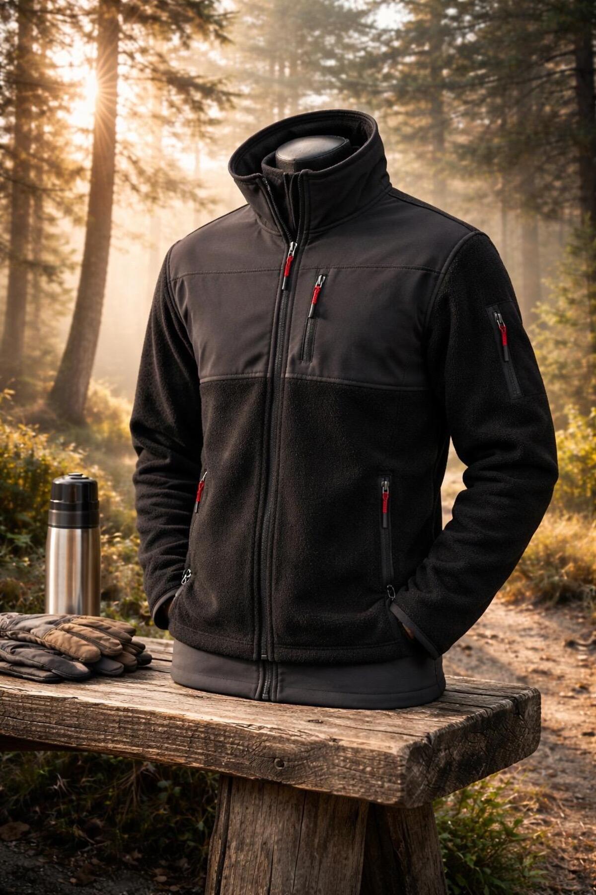 Erkek Slim Fit Tam Fermuarlı 4 Cepli Dik Yaka Softshell Garnili Polar — مشکی VTN25KK0002