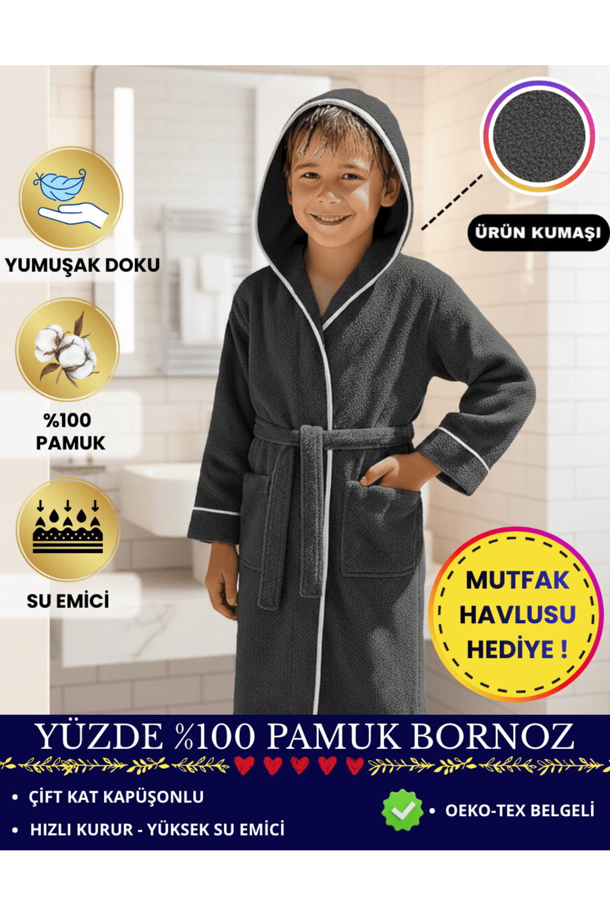 Layvera Kız-Erkek Çocuk Bornozu %100 Pamuk | Kapüşonlu – Cepli – Yumuşak – Biyeli – Antrasit fotoğrafı 2 (önizleme)