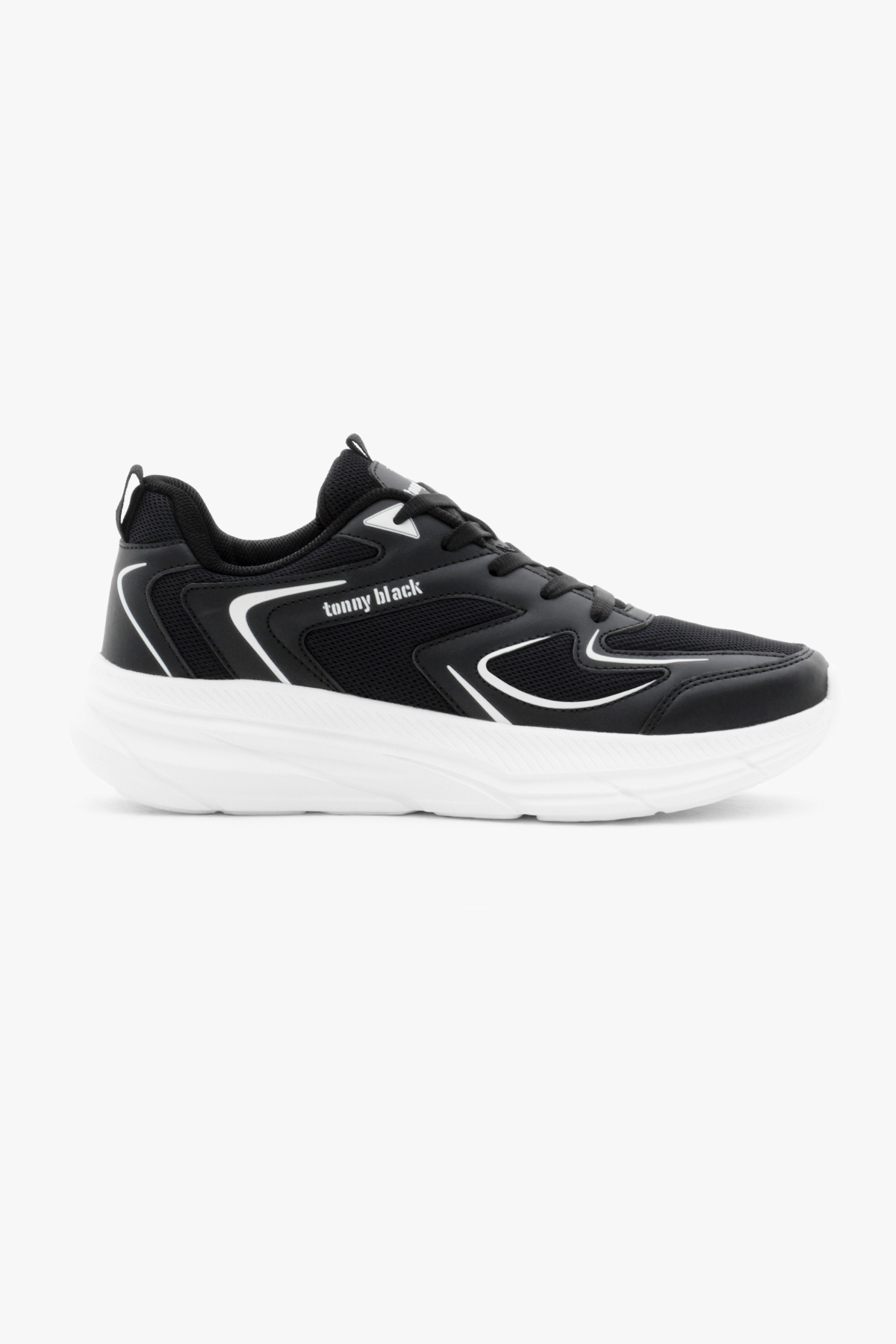Tonny Black Unisex Siyah Beyaz Nefes Alabilen Kumaş Faylon Taban Bağcıklı Spor Ayakkabı