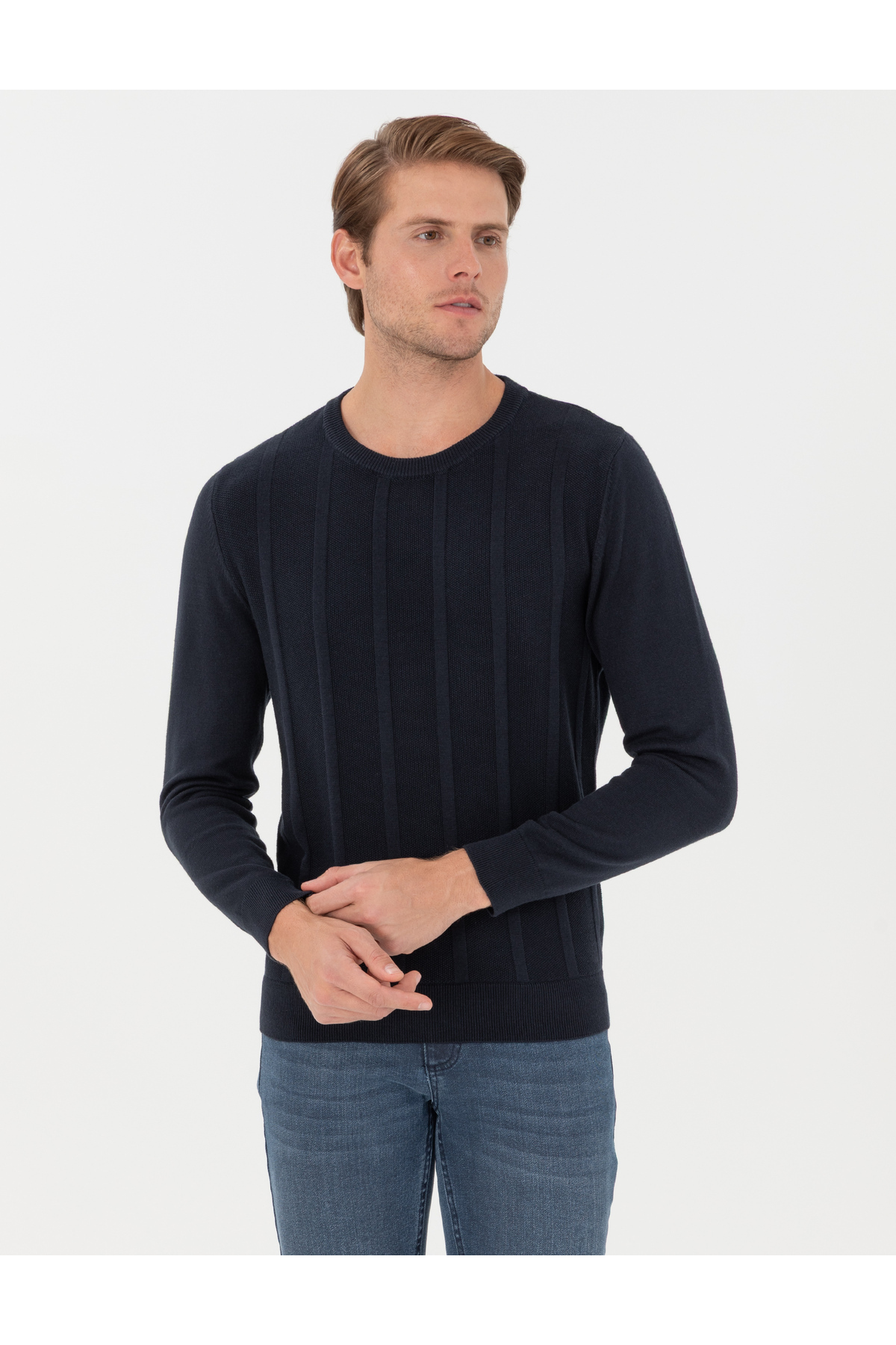 پیر کاردین ژاکت بافتنی یقه گرد اسلیم فیت سرمه‌ای ۵۰۳۰۰۵۳۱-VR033