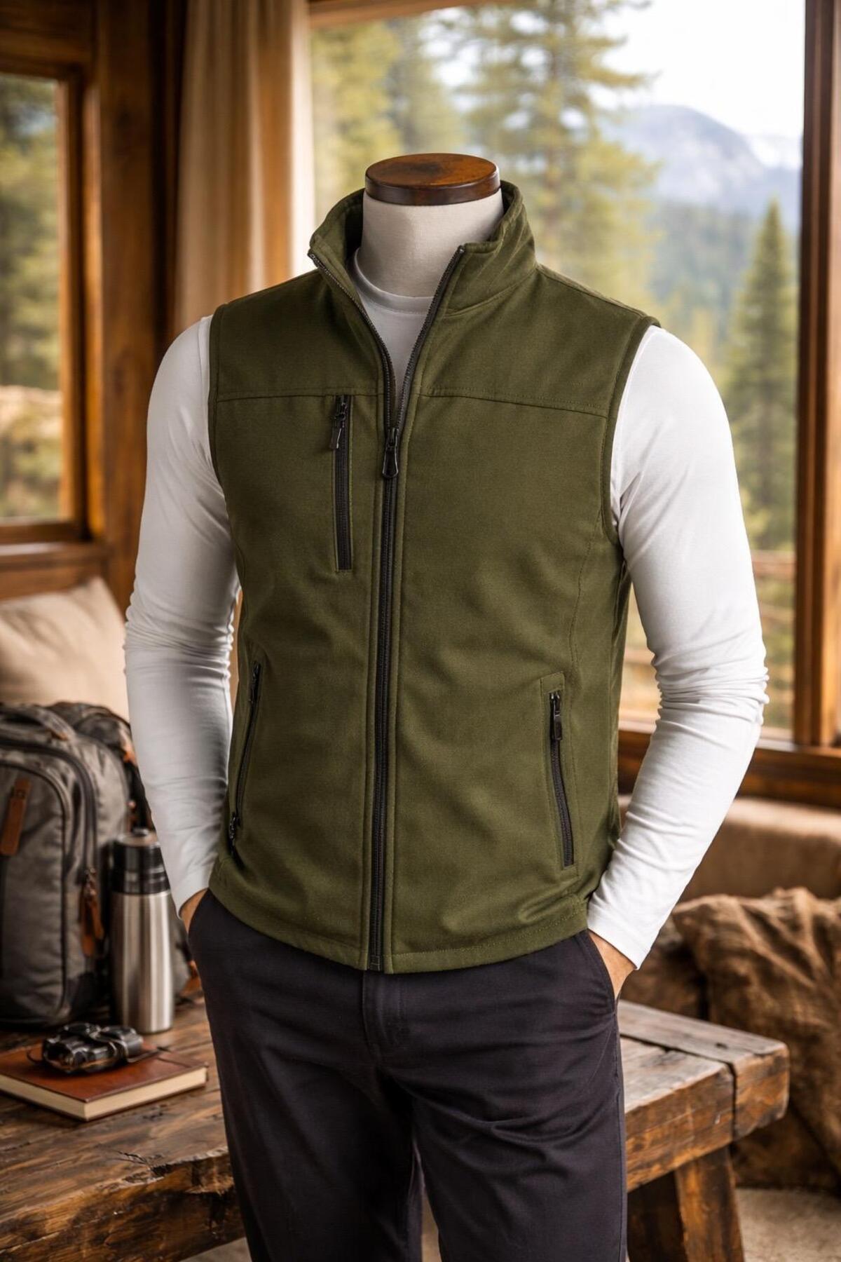 Vatan Tekstil  Dik Yaka Slim Fit 3 Cepli Softshell Erkek Yelek Su İtici Kumaş - Görsel 2