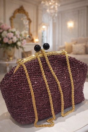 Handmade BereketHome Exclusive: Mürdüm Simli İp Burslu Abiye Çanta - Gold Zin...