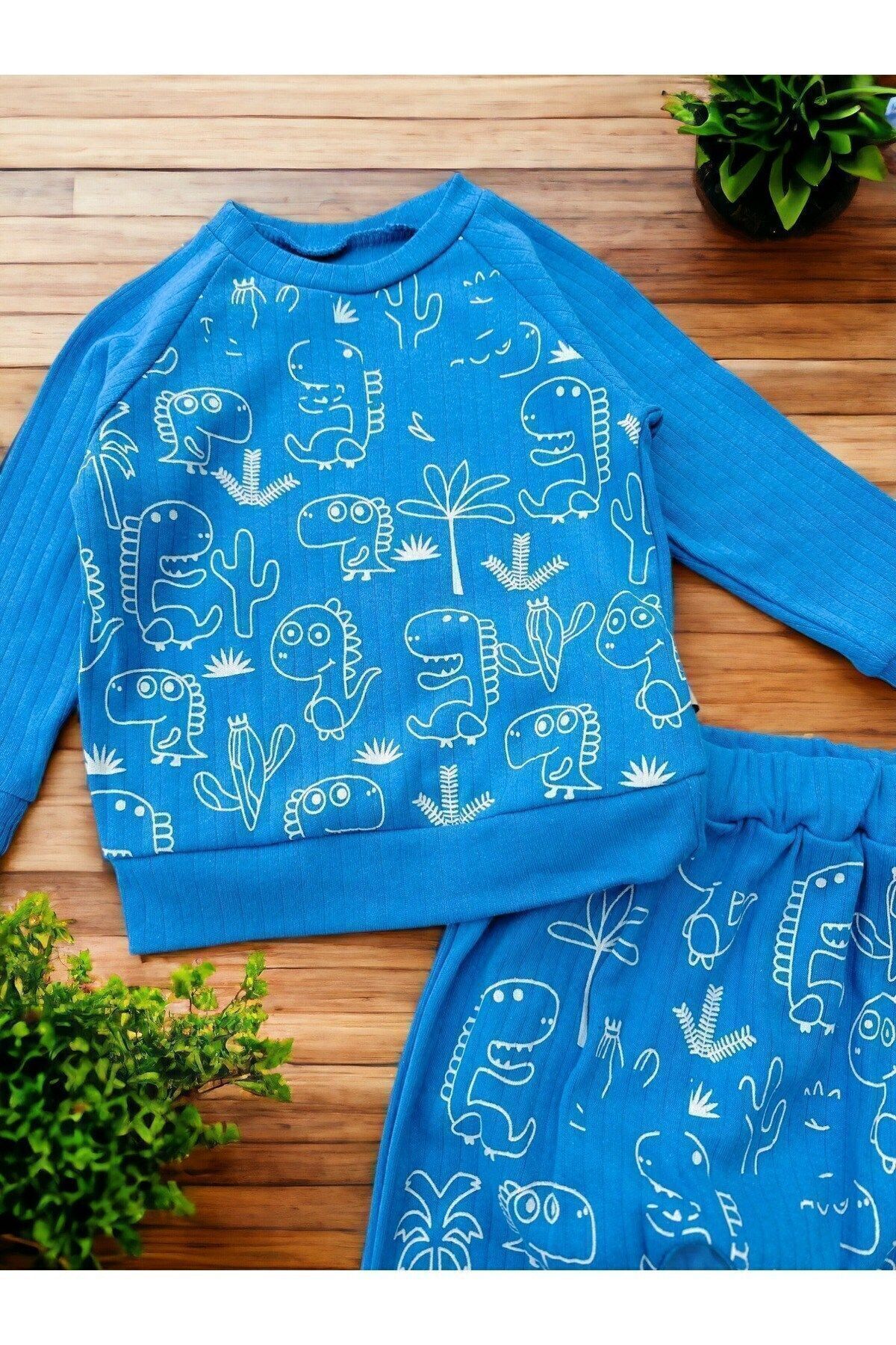 Egelite Erkek Bebek Takımı Mevsimlik Uzun Kollu Bisiklet Yaka Dinazor Baskılı Fitilli Alt Üst Bebek Takımı fotoğrafı 4 (önizleme)