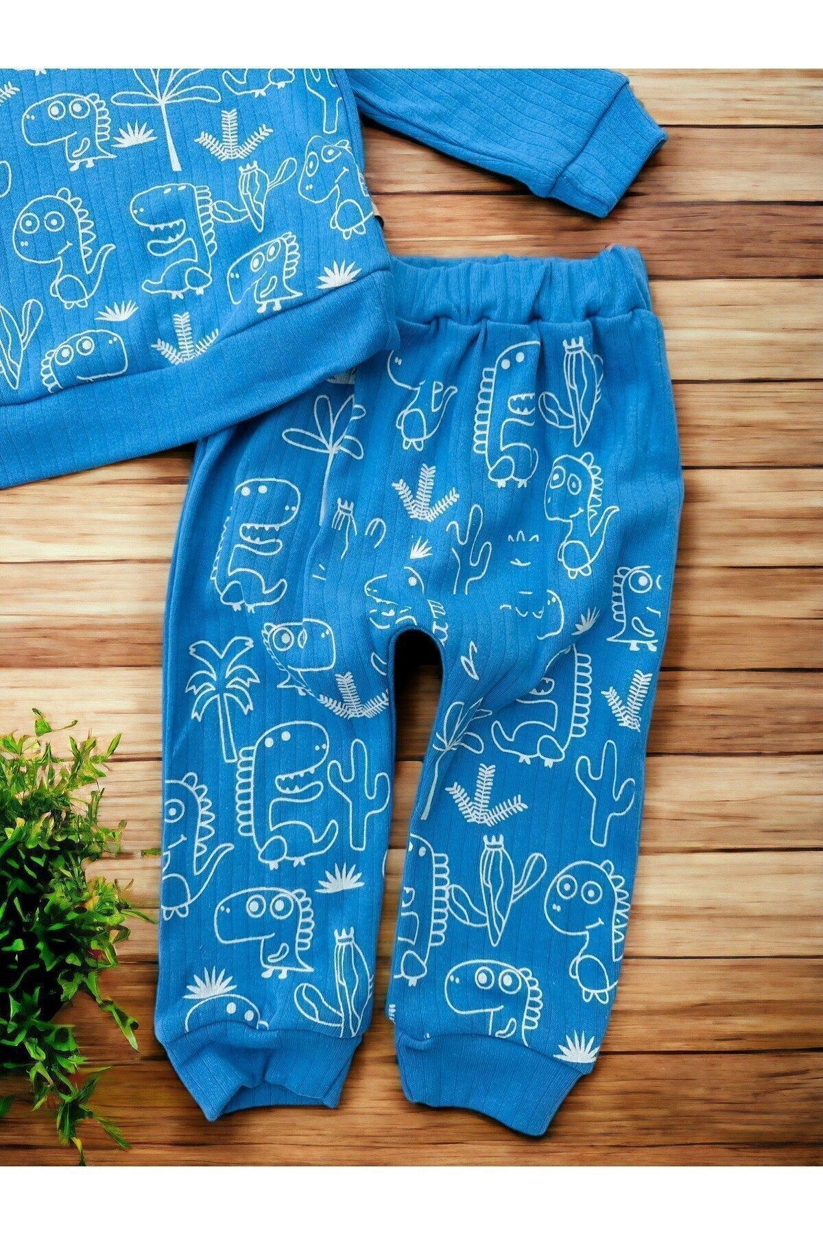 Egelite Erkek Bebek Takımı Mevsimlik Uzun Kollu Bisiklet Yaka Dinazor Baskılı Fitilli Alt Üst Bebek Takımı fotoğrafı 5 (önizleme)