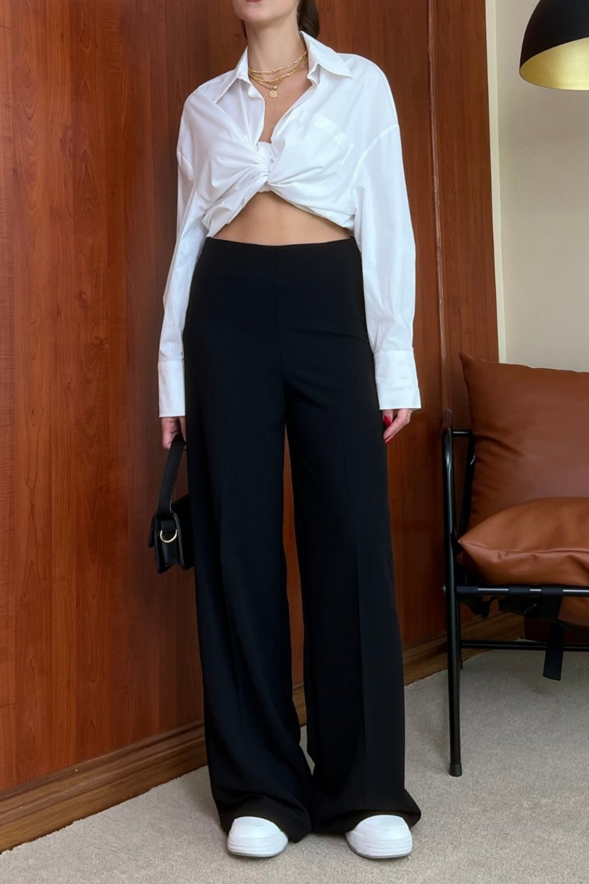 MORE MOSS  Kadın Full Likra Bel Yandan Fermuarlı Bol Paça Pantolon - Görsel 2