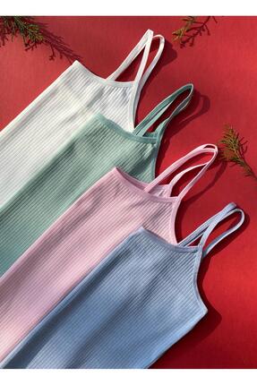 VicTroy Pamuklu, Likralı Fitilli 4 Adet Ip Askılı Kadın Atlet ( Yeşil, Mavi, ...