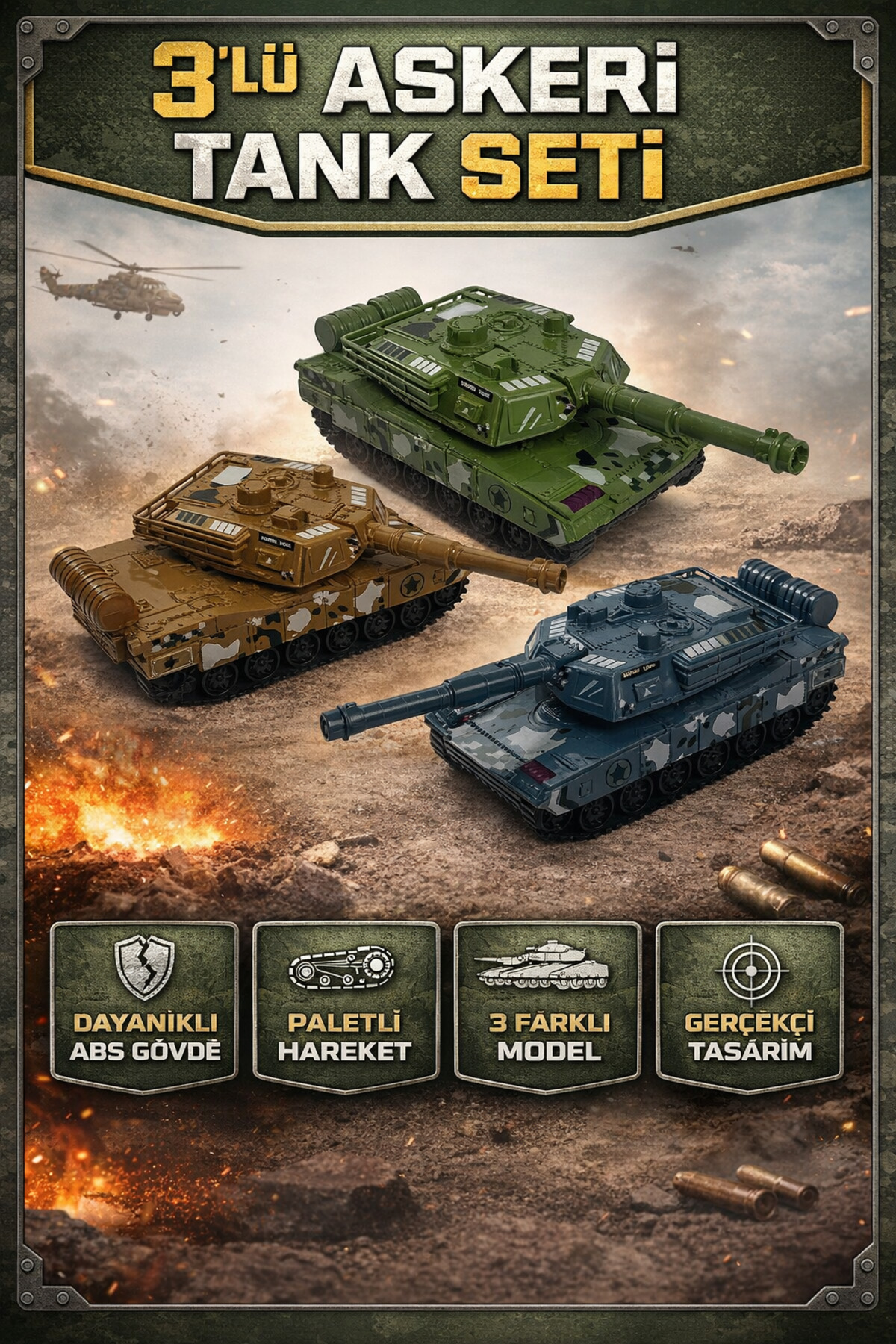 【レア‼️】TMR TANK-03WR YILDIRIM OYUNCAK Sürtmeli Plastik Tank Askeri Araç 15 Cm - 3'lü