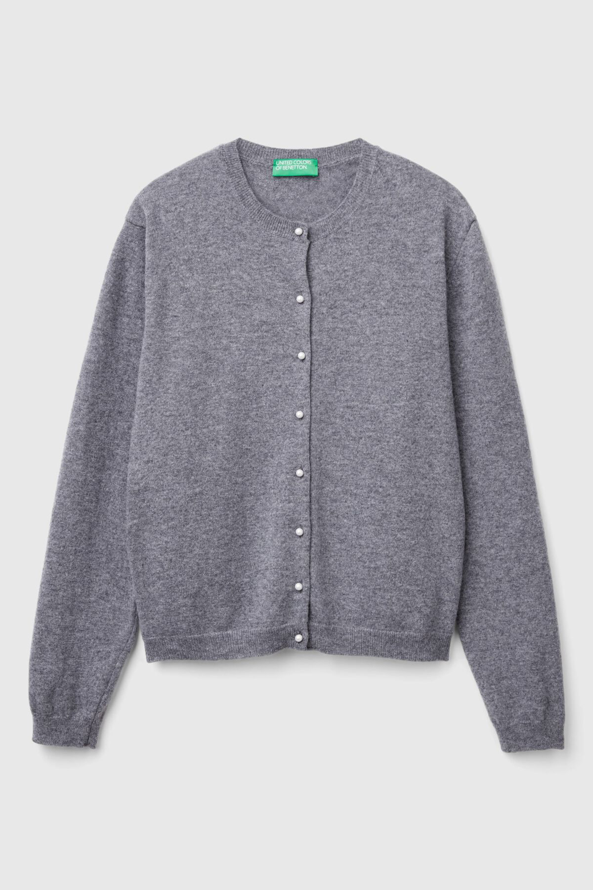 United Colors of Benetton  Kadın Antrasit Melanj %100 Merino Bisiklet Yaka İnci Düğmeli Hırka - Görsel 3