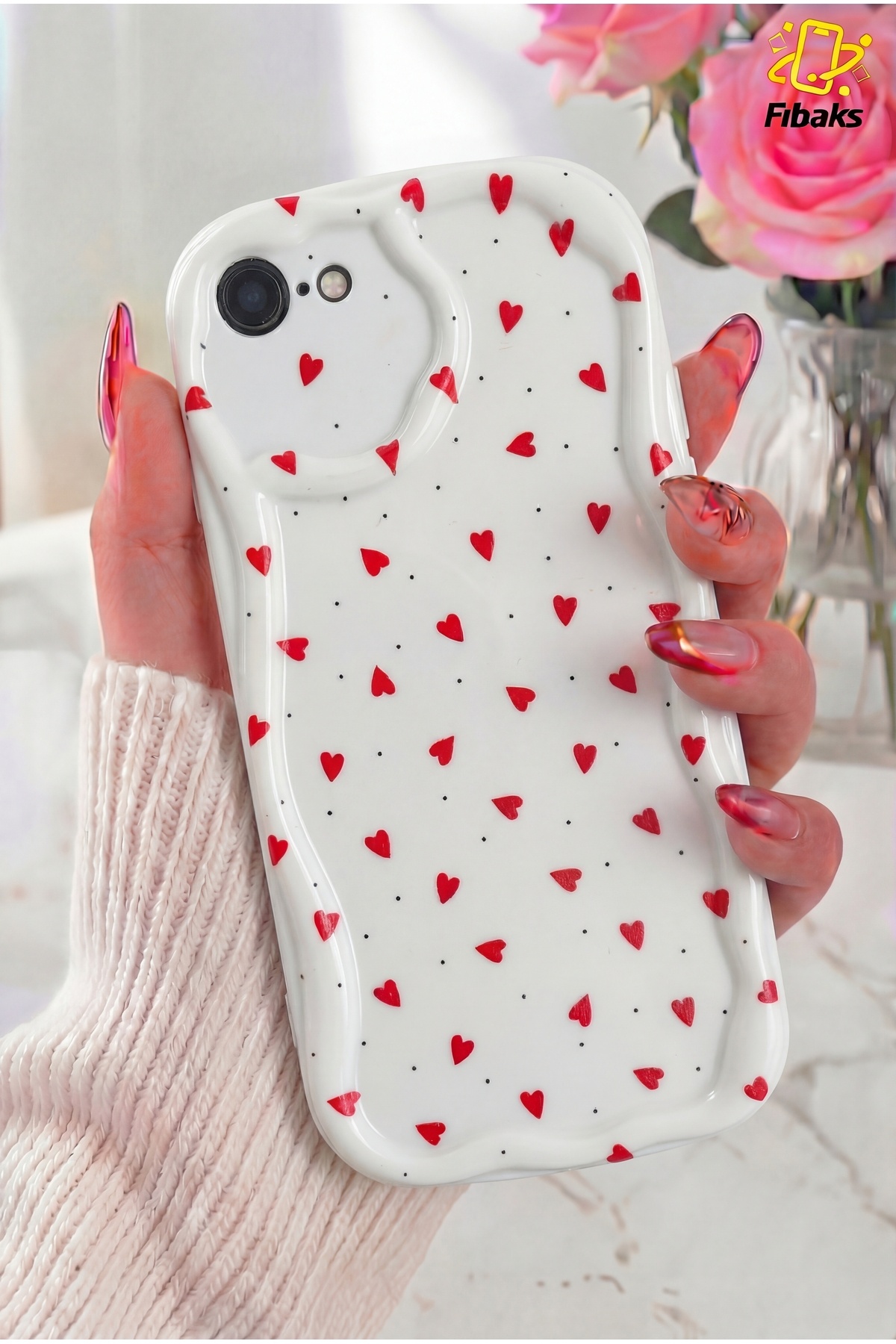 iPhone 7/8/SE Case Camera Shielded Wave Edge Red Heart Patterned Silicone Cover