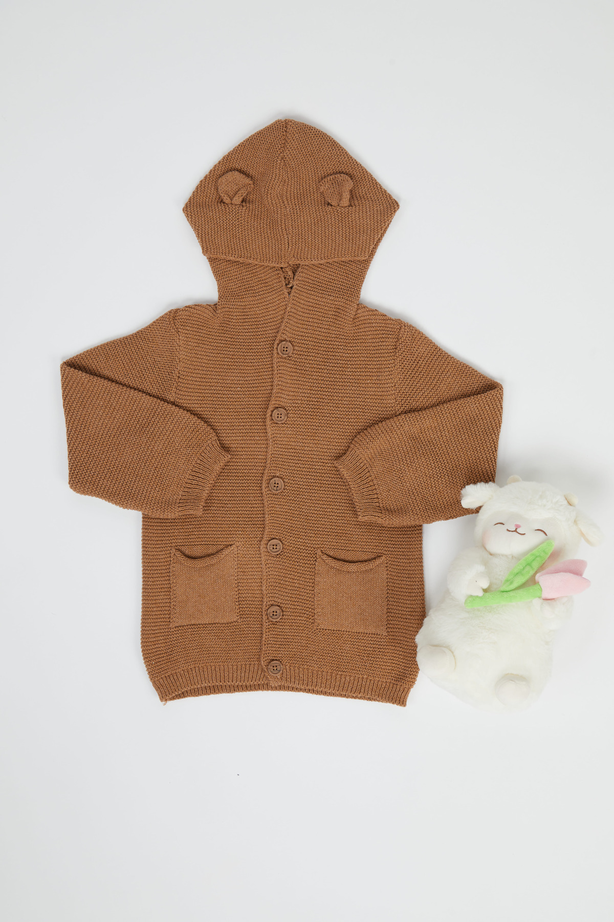 KUEZA KIDS Bebek & Çocuk Kapüşonlu Kulaklı Düğmeli Cepli Pamuklu Triko Hırka fotoğrafı 2 (önizleme)