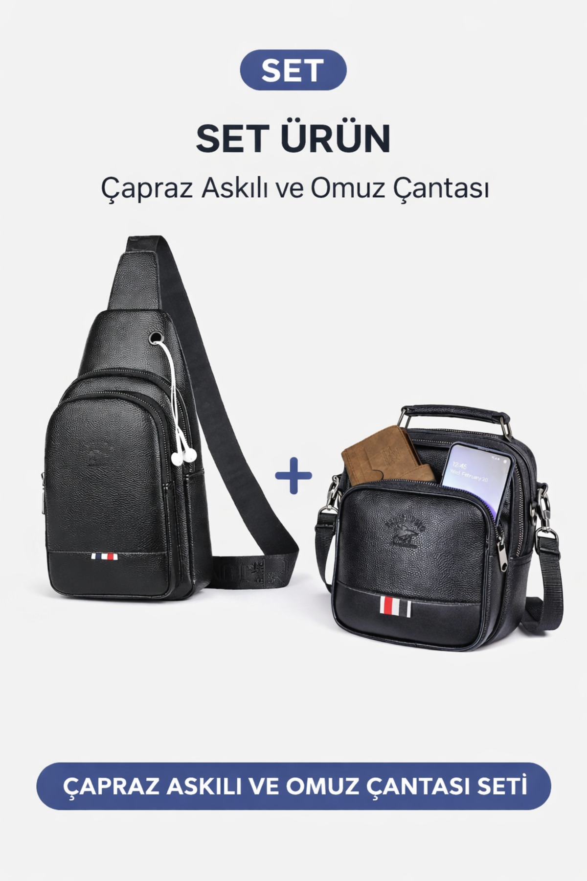 Newish Erkek Siyah Çapraz Omuz Çantası Ve El Çantası 2 Adet