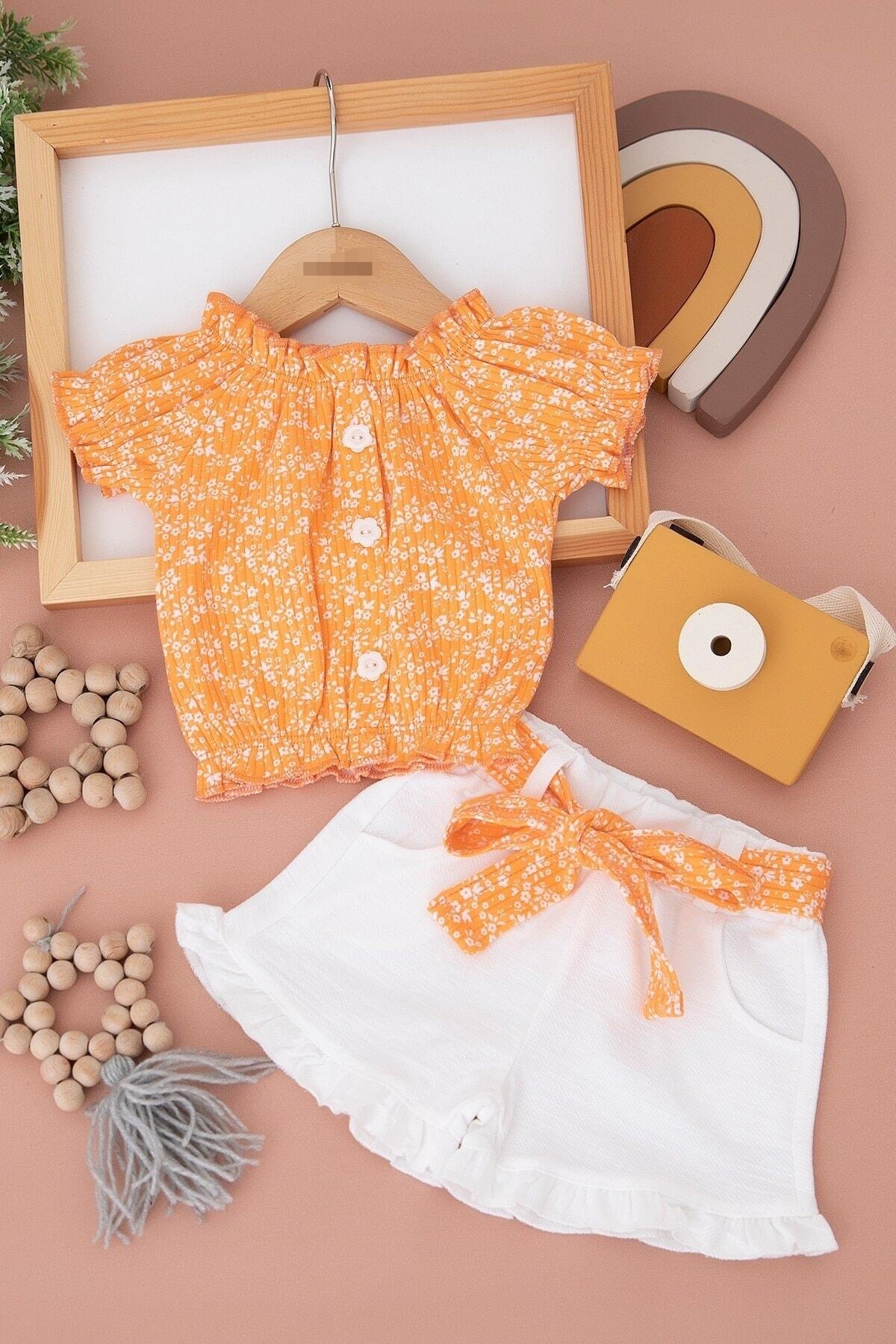Egelite Kız Çocuk Yazlık 2-3-4-5-6 Yaş Fitilli Üst ve Kemerli Şortlu Şık 2'Lİ Alt Üst Takım fotoğrafı 2 (önizleme)
