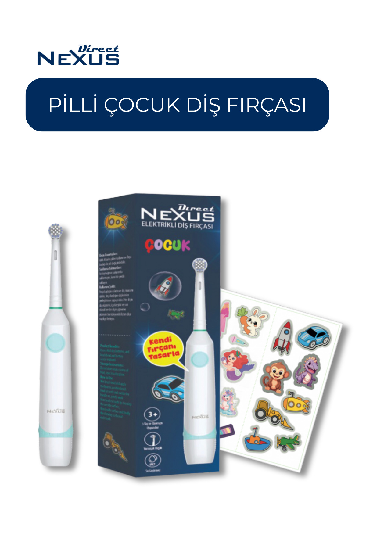 Direct NEXUS Çocuk Pilli Diş Fırçası Sticker Setli, Yumuşak Uçlu, IPX7 Su Geçirmez - Fiyatı, Yorumları