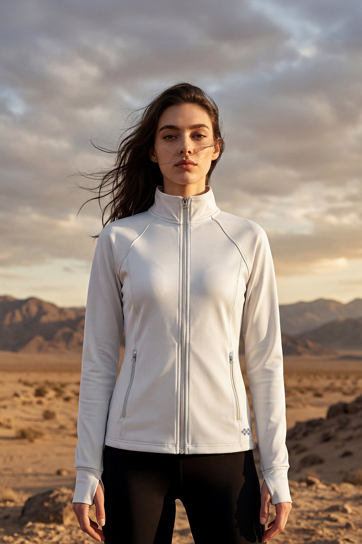 TOMMY LIFE  Beyaz Fermuarlı Dik Yaka Basic Rahat Form Kadın Koşu Ceketi - 97310