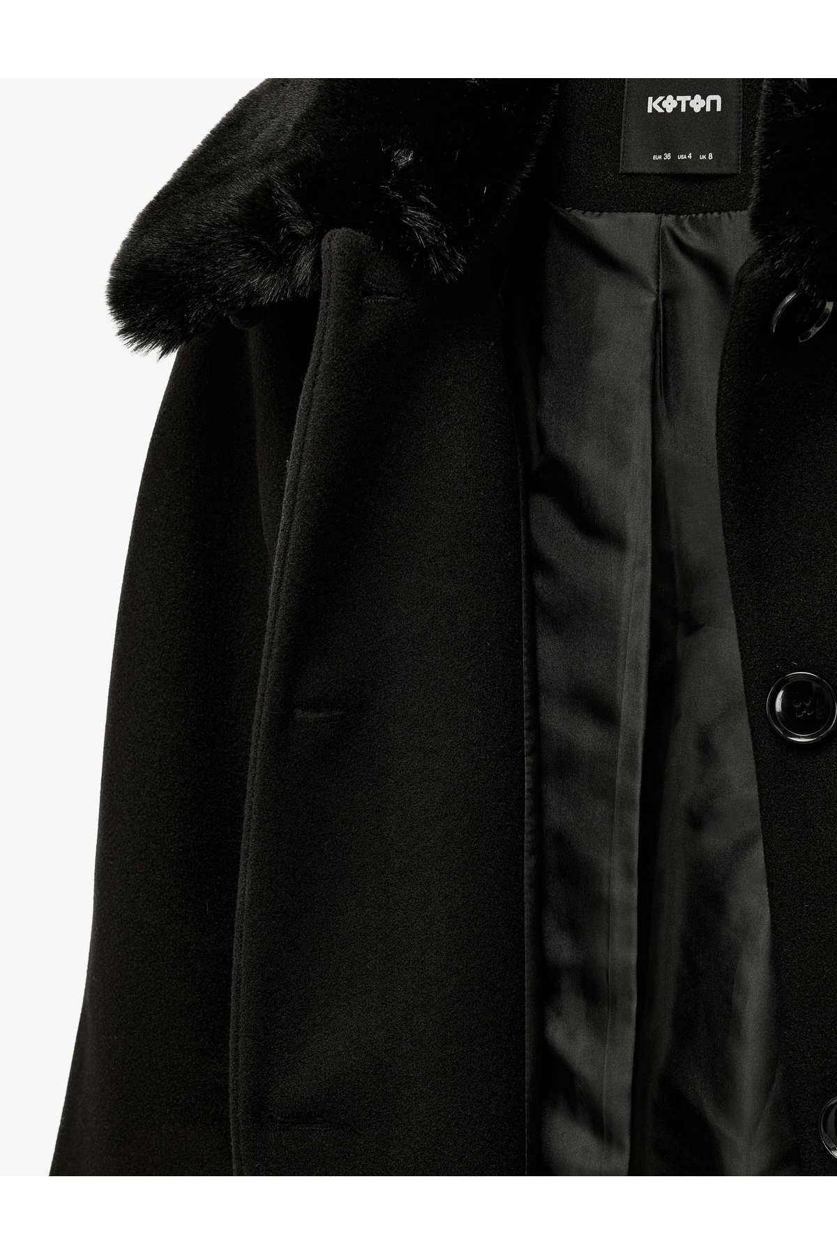 Koton  Uzun Kollu Kemerli Düğmeli Çıkarılabilir Suni Kürk Yakalı Kaşe Kaban - Görsel 6