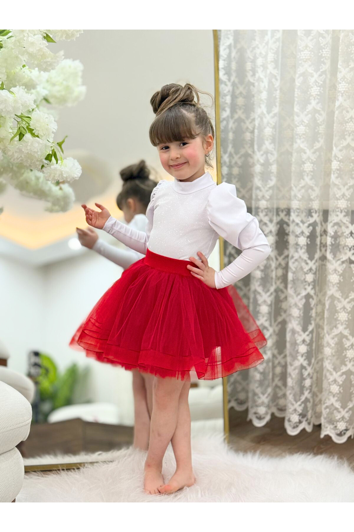 LULLY KİDS  Kız Çocuk 29 Ekim/23 Nisan Gösteri Kullanımına Uygun Tül/Tütü 4 Katlı Astarlı Kırmızı Kostüm Etek