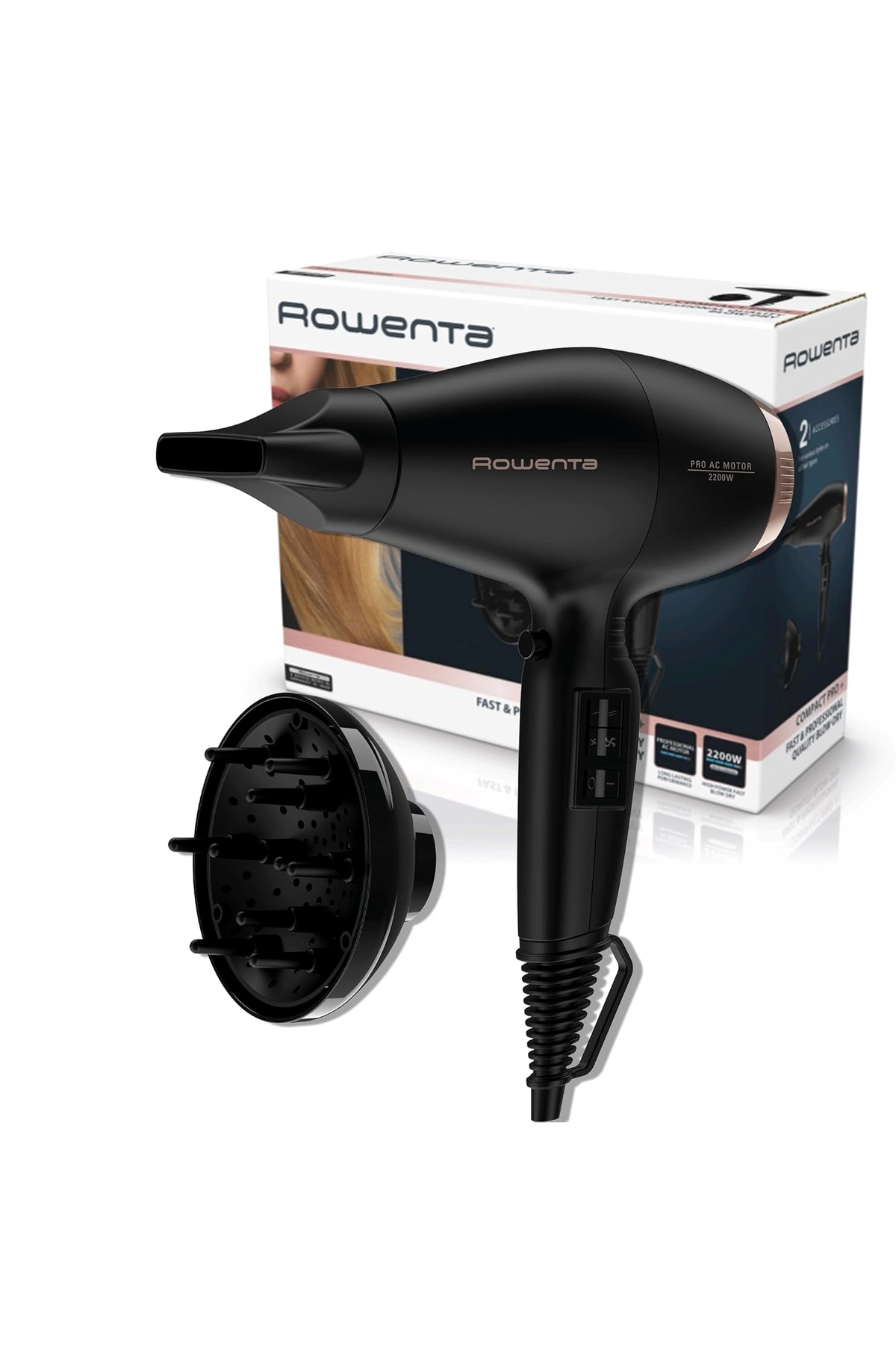 Delixa Rowenta Compact Pro+ CV6930 profesyonel saç kurutma makinesi, 2200 W, uzun ömürlü AC motor, kompakt — DEA8690000467693