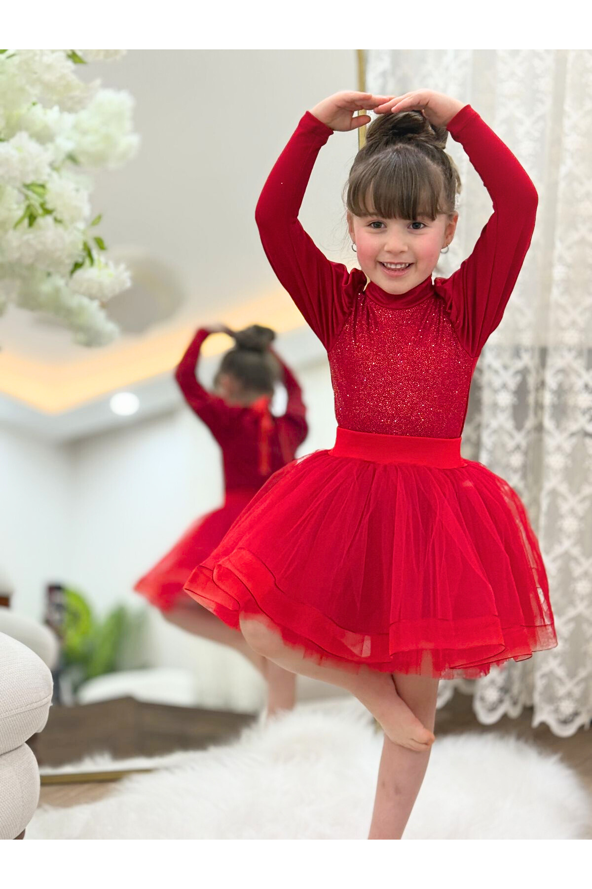 LULLY KİDS  Kız Çocuk 29 Ekim/23 Nisan Gösteri Kullanımına Uygun Tül/Tütü 4 Katlı Astarlı Kırmızı Kostüm Etek - Görsel 3