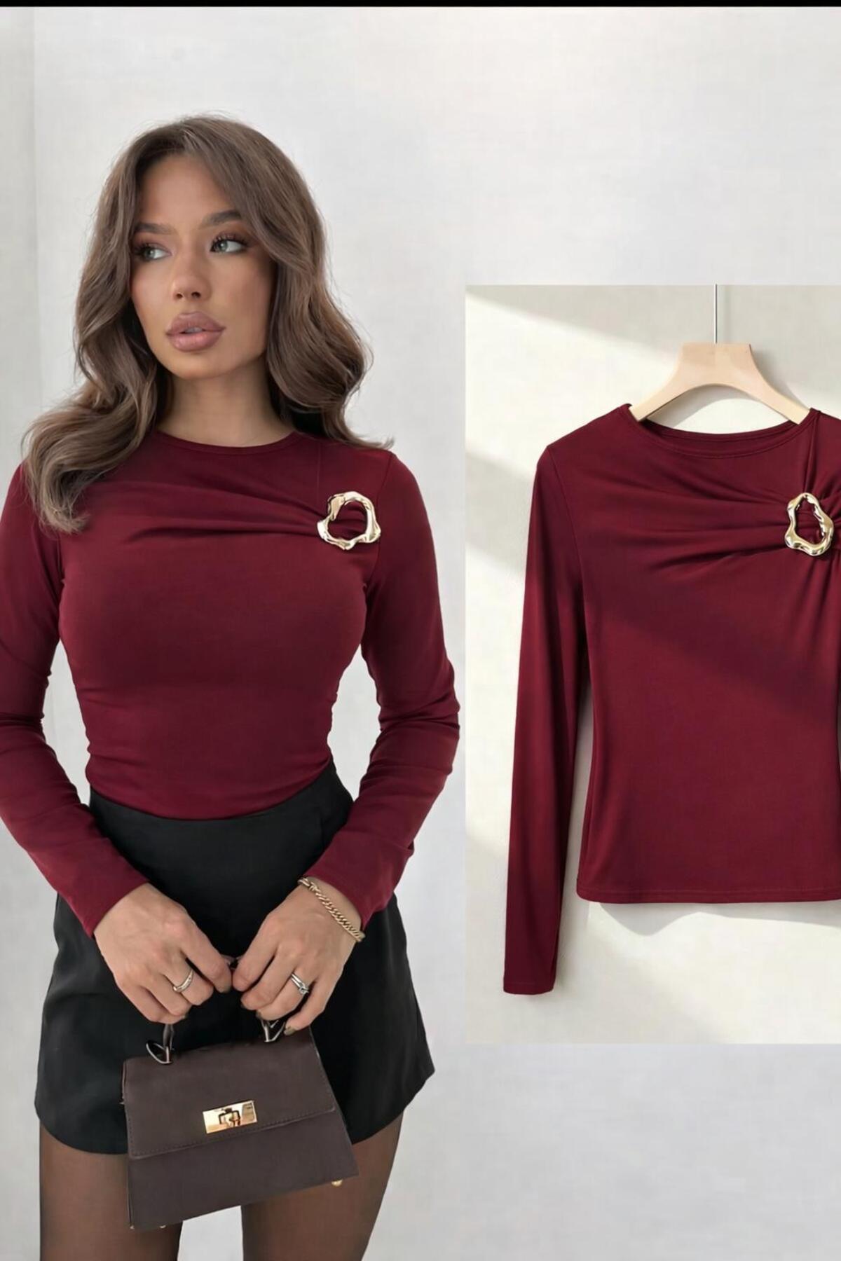 peri tower  YENİ ÜRÜN Kadın Tokalı Göğüs Detaylı Sandy Uzun Kollu Bluz 0068