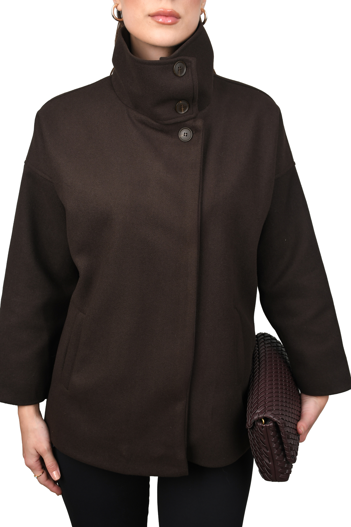 COJIKO  OVERSIZE Kadın Dik Yaka Düğmeli Kısa Kaban