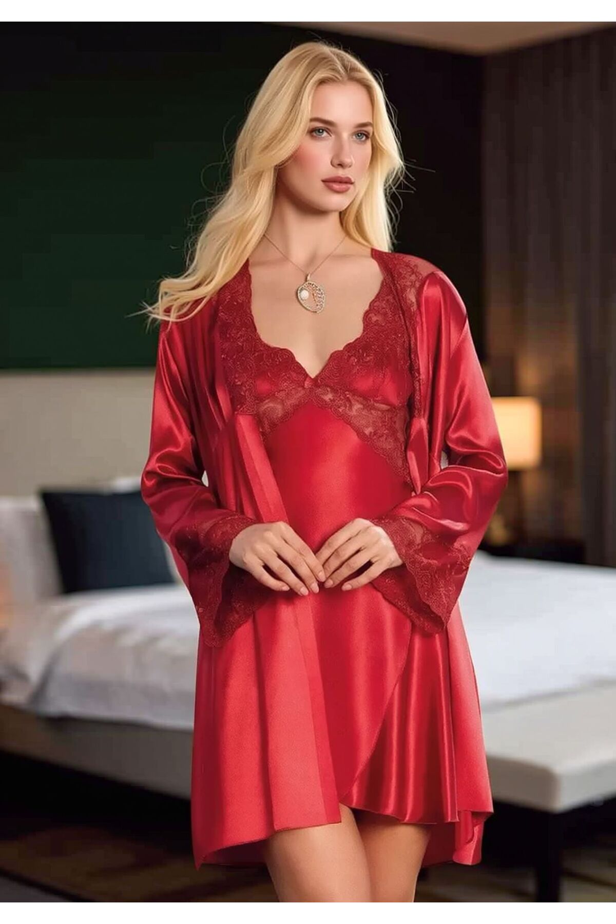 Loule Kadın Saten Dantel Detaylı Kimono & Gecelik Takım L.N0.U1.RT.25